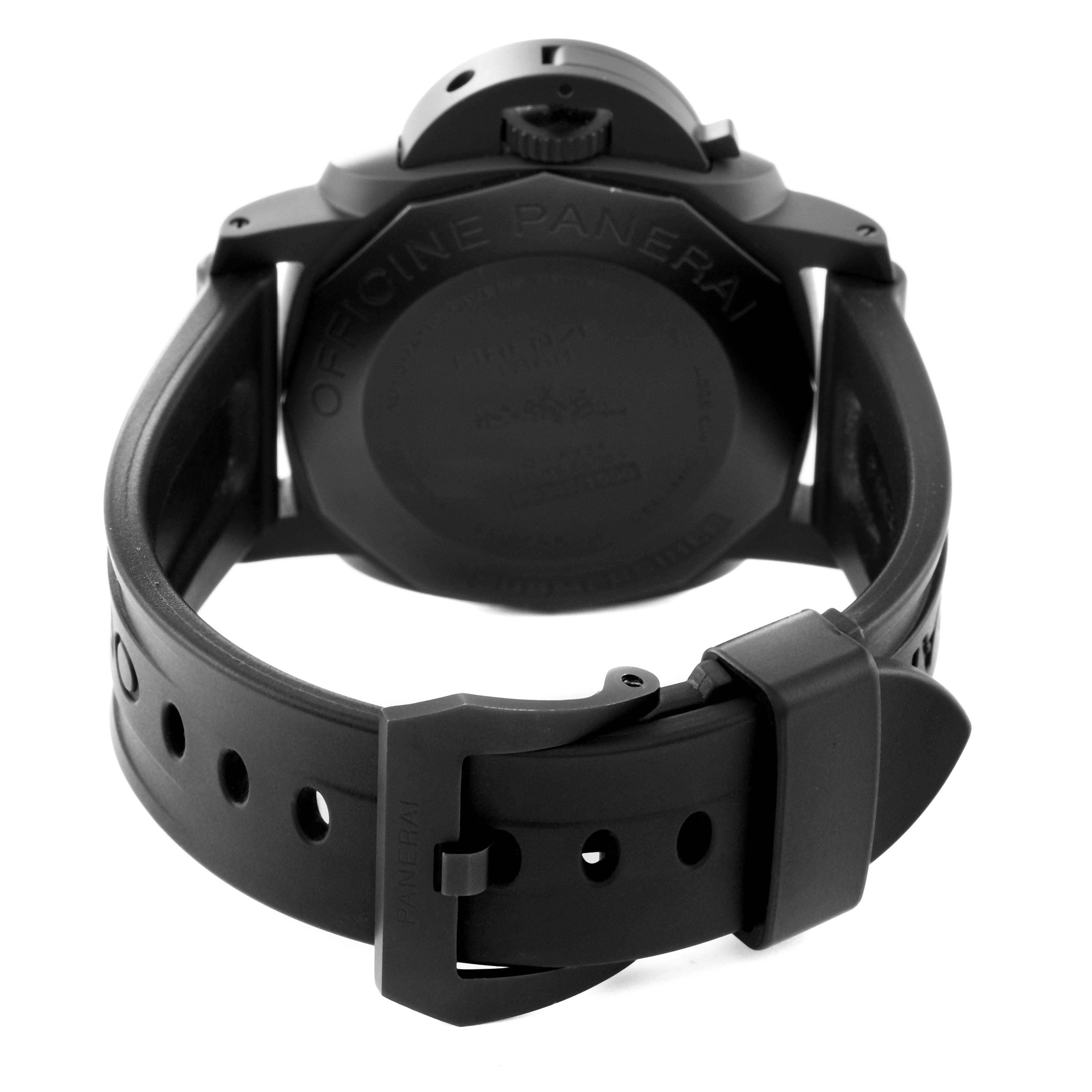 This image shows the backside of a Panerai Submersible PAM00508 Men's Ceramic Black Dial PAM00508 Men's Ceramic Black Dial watch, focusing on the case back and rubber strap buckle.