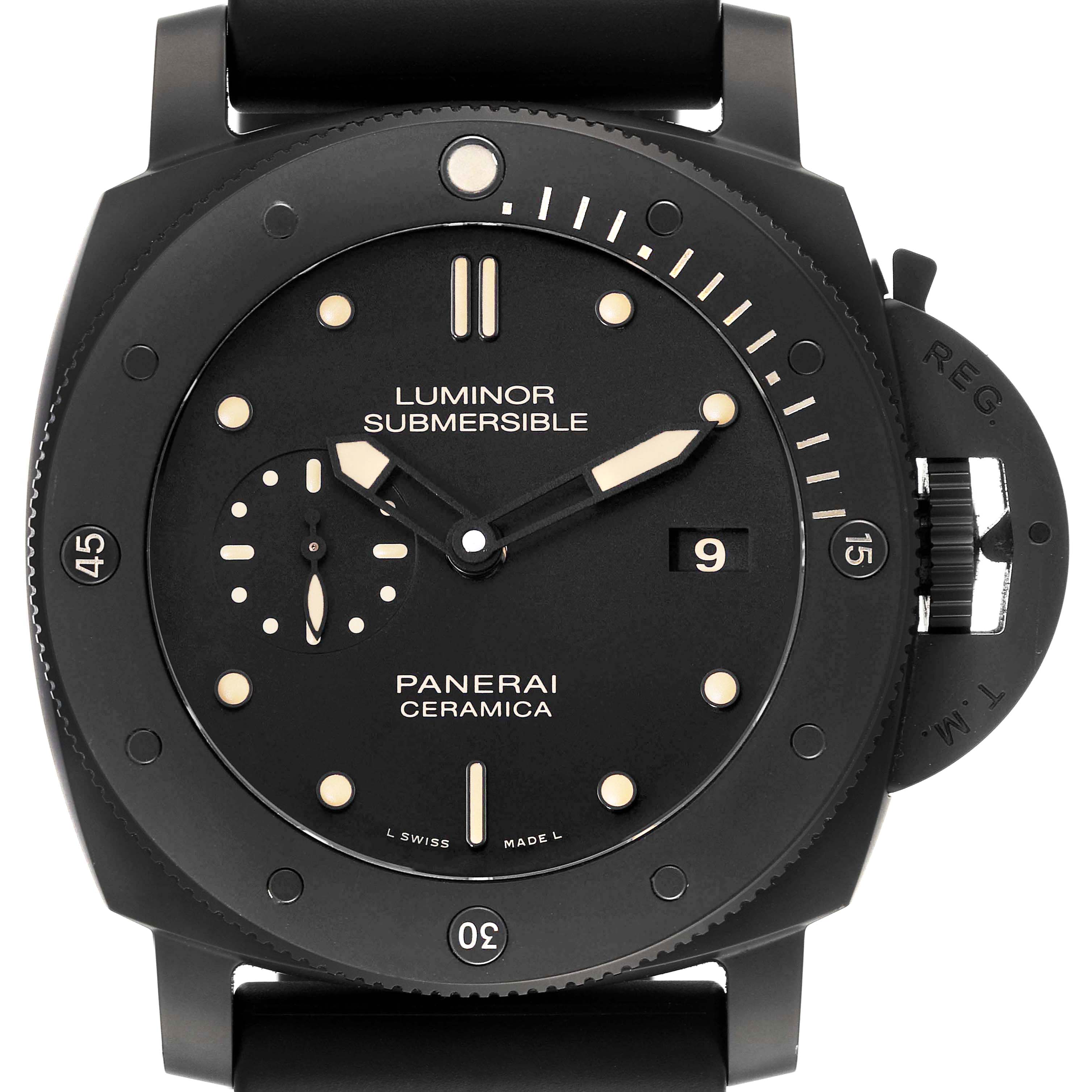 The image shows a front view of the Panerai Submersible PAM00508 Men's Ceramic Black Dial PAM00508 Men's Ceramic Black Dial Luminor watch, highlighting its dial, bezel, crown guard, and strap.