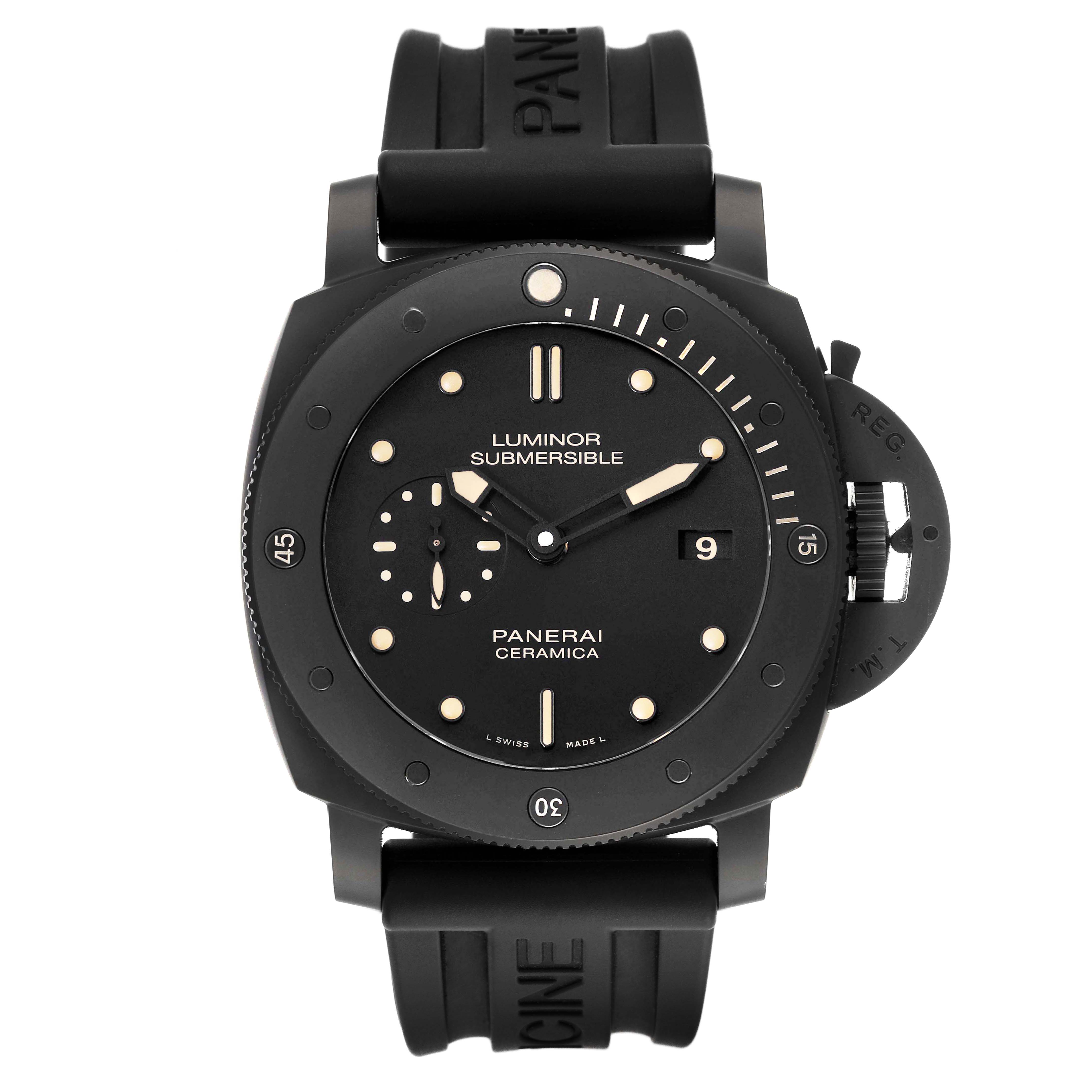This frontal view of the Panerai Submersible PAM00508 Men's Ceramic Black Dial PAM00508 Men's Ceramic Black Dial watch showcases its face, bezel, straps, and crown guard.