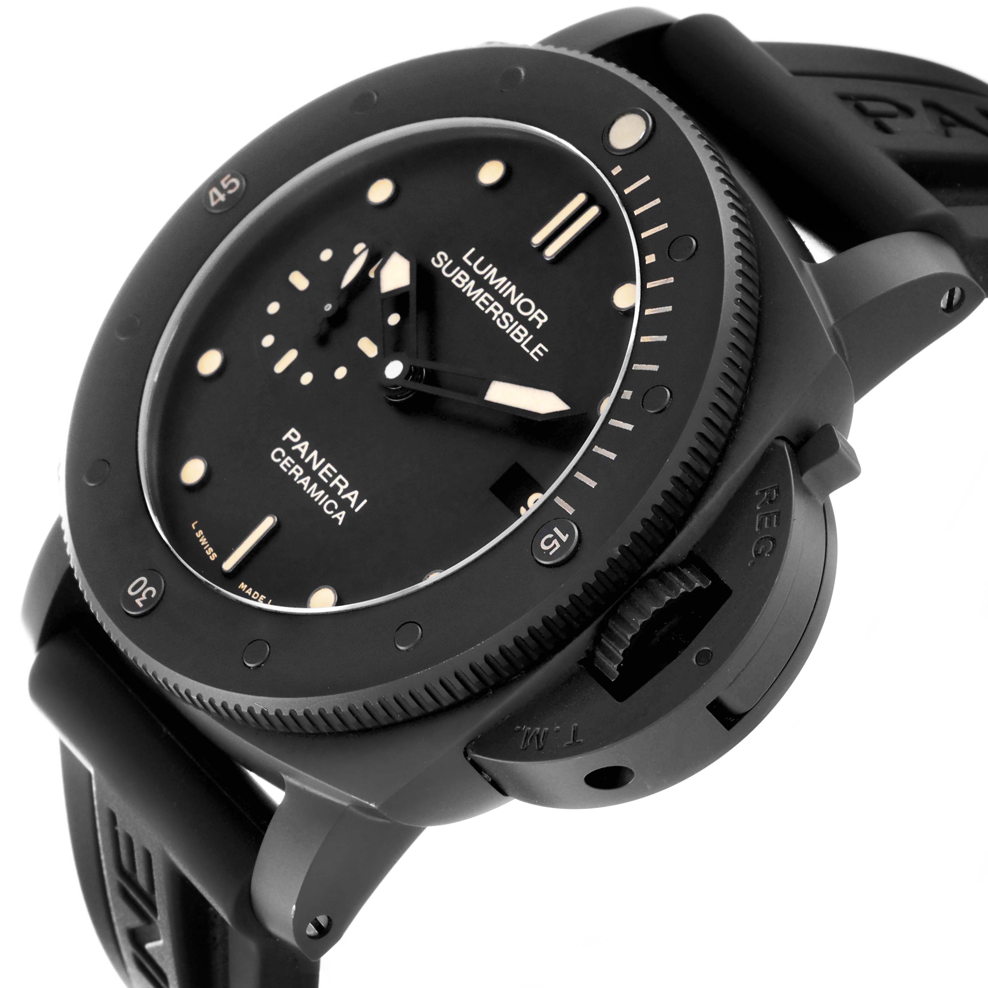 The image shows the Panerai Luminor Submersible watch at an angle, featuring the dial, bezel, and crown guard.