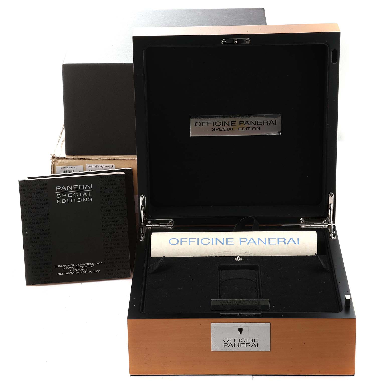The image shows the open packaging box, accessories, and certificates for the Panerai Submersible PAM00508 Men's Ceramic Black Dial PAM00508 Men's Ceramic Black Dial model.