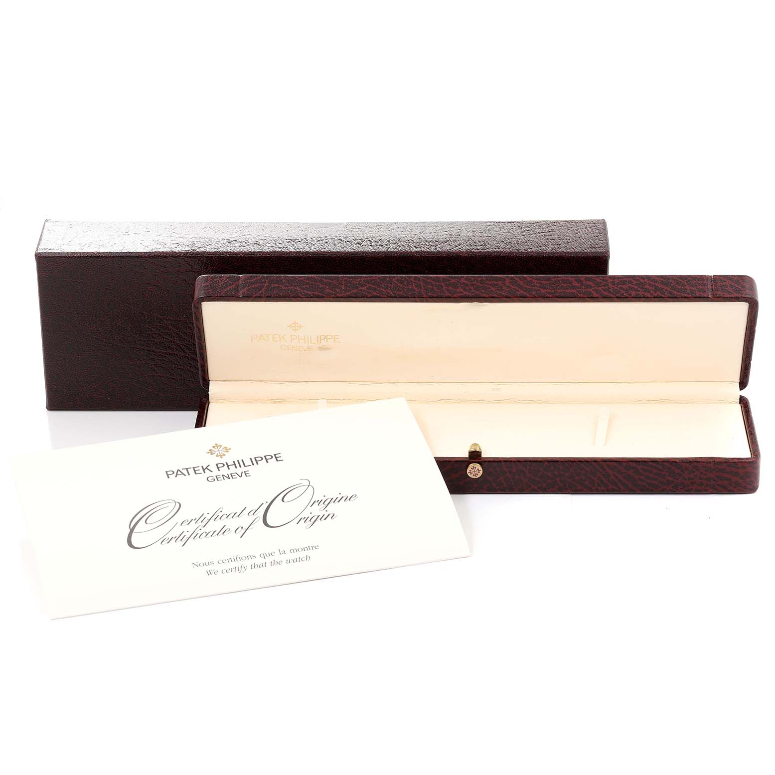 The image shows an open watch box and certificate of origin for a Patek Philippe Calatrava 5053 Men's Yellow Gold Beige Dial 5053 Men's Yellow Gold Beige Dial model.