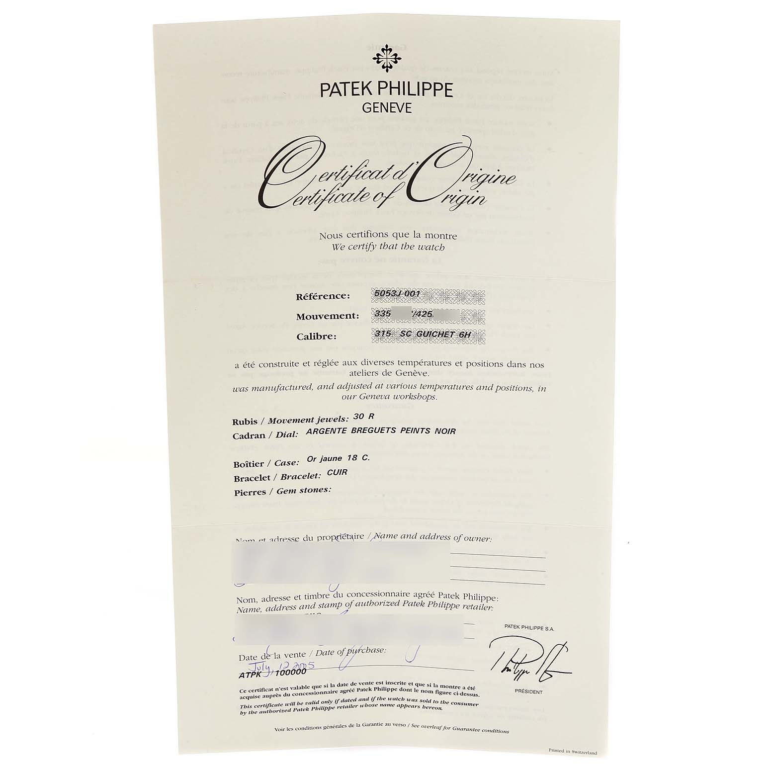 This image shows the Certificate of Origin for a Patek Philippe Calatrava 5053 Men's Yellow Gold Beige Dial 5053 Men's Yellow Gold Beige Dial watch, detailing its specifications.