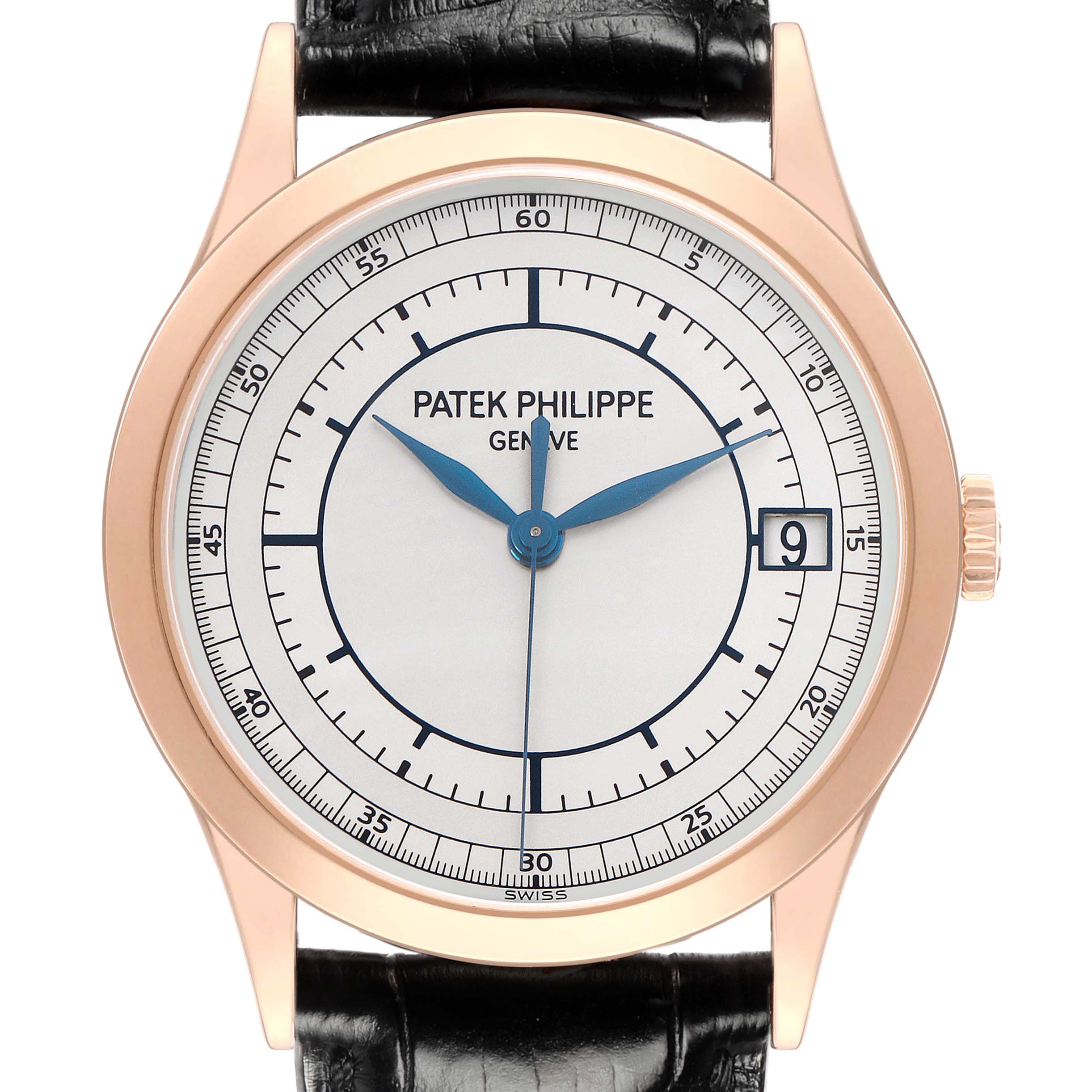 The image shows a frontal view of the Patek Philippe Calatrava model 5296R-001, highlighting the dial, hands, bezel, crown, and black strap.