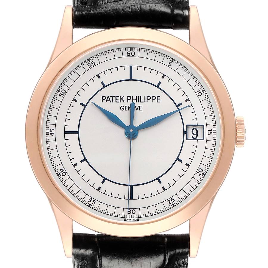 The image shows a frontal view of the Patek Philippe Calatrava model 5296R-001, highlighting the dial, hands, bezel, crown, and black strap.