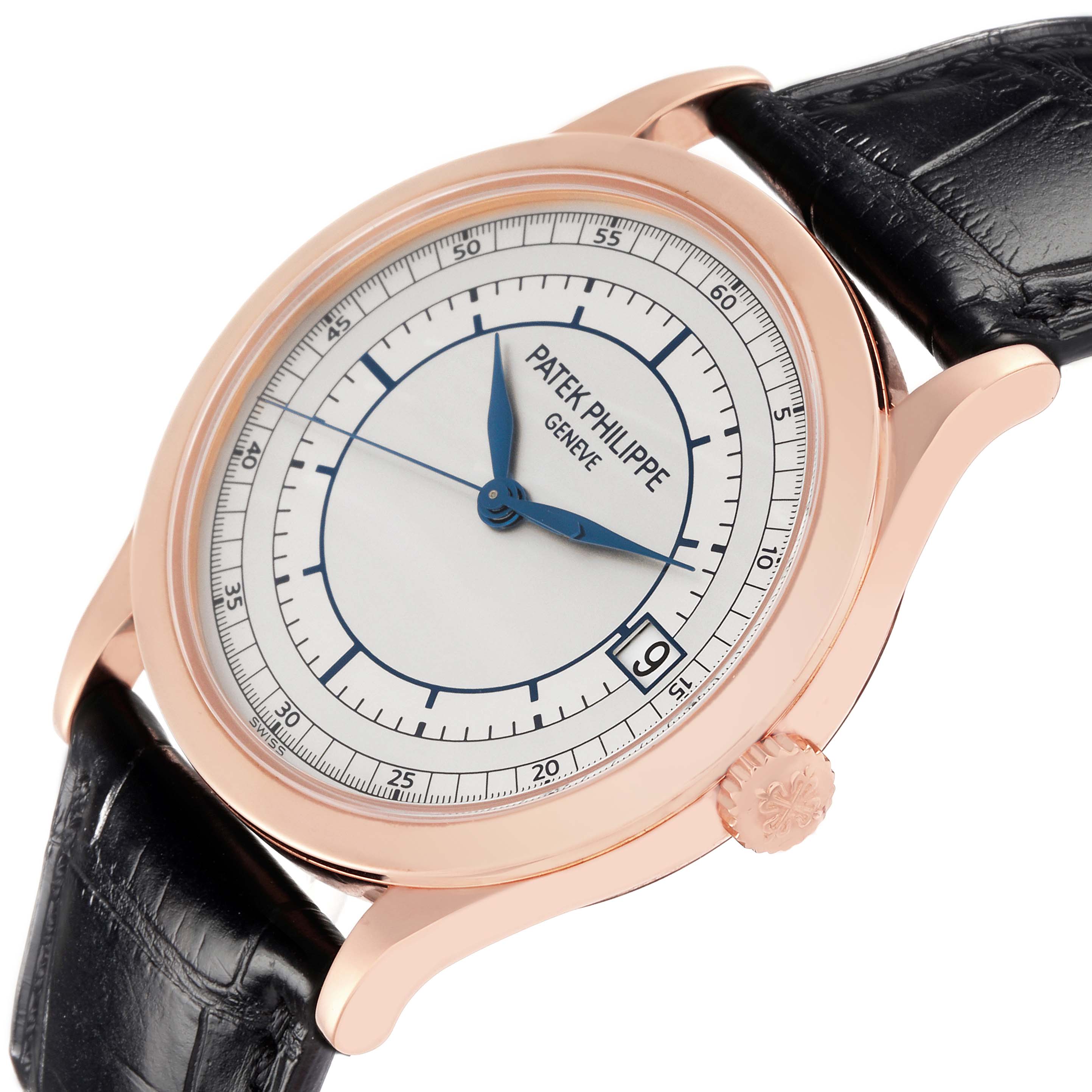 The image shows a Patek Philippe Calatrava model 5296R-001 watch from an angled perspective, highlighting the dial, case, crown, and leather strap.