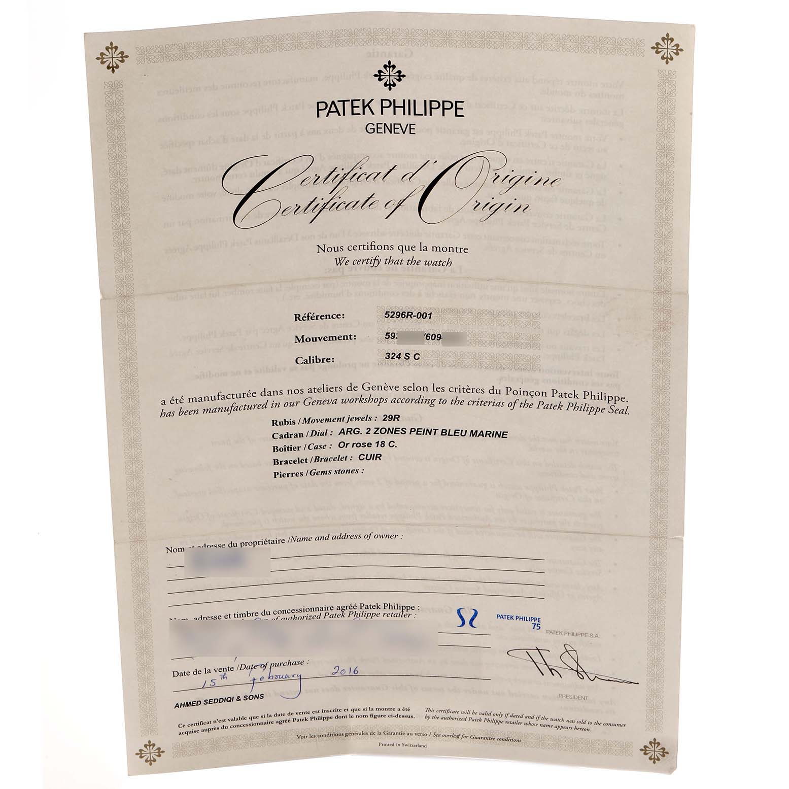 The image shows a Certificate of Origin for a Patek Philippe Calatrava model 5296R-001, detailing specifications and authenticity for this men's watch.