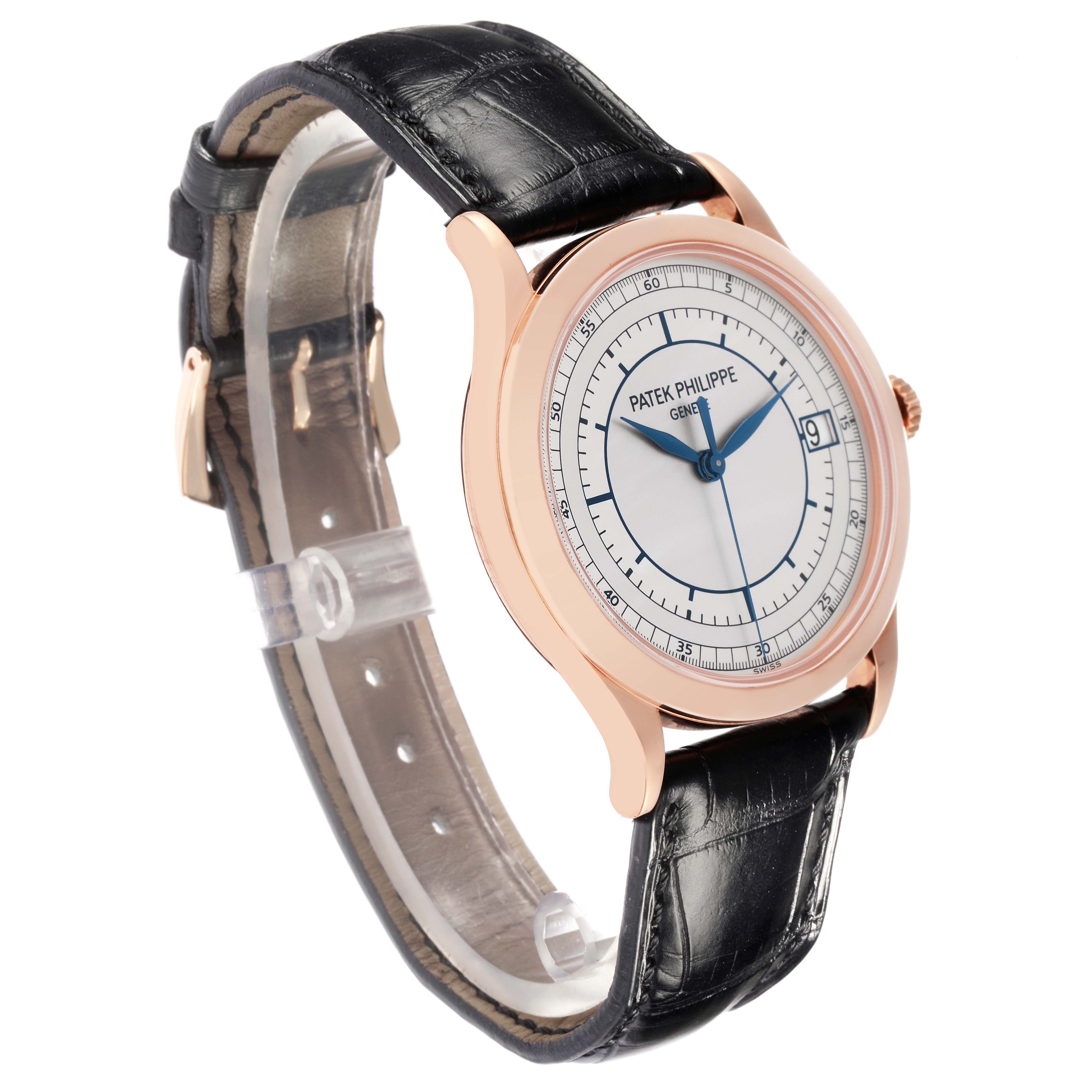 The Patek Philippe Calatrava 5296R-001 is shown at a three-quarter angle, highlighting its face, rose gold case, and black leather strap.