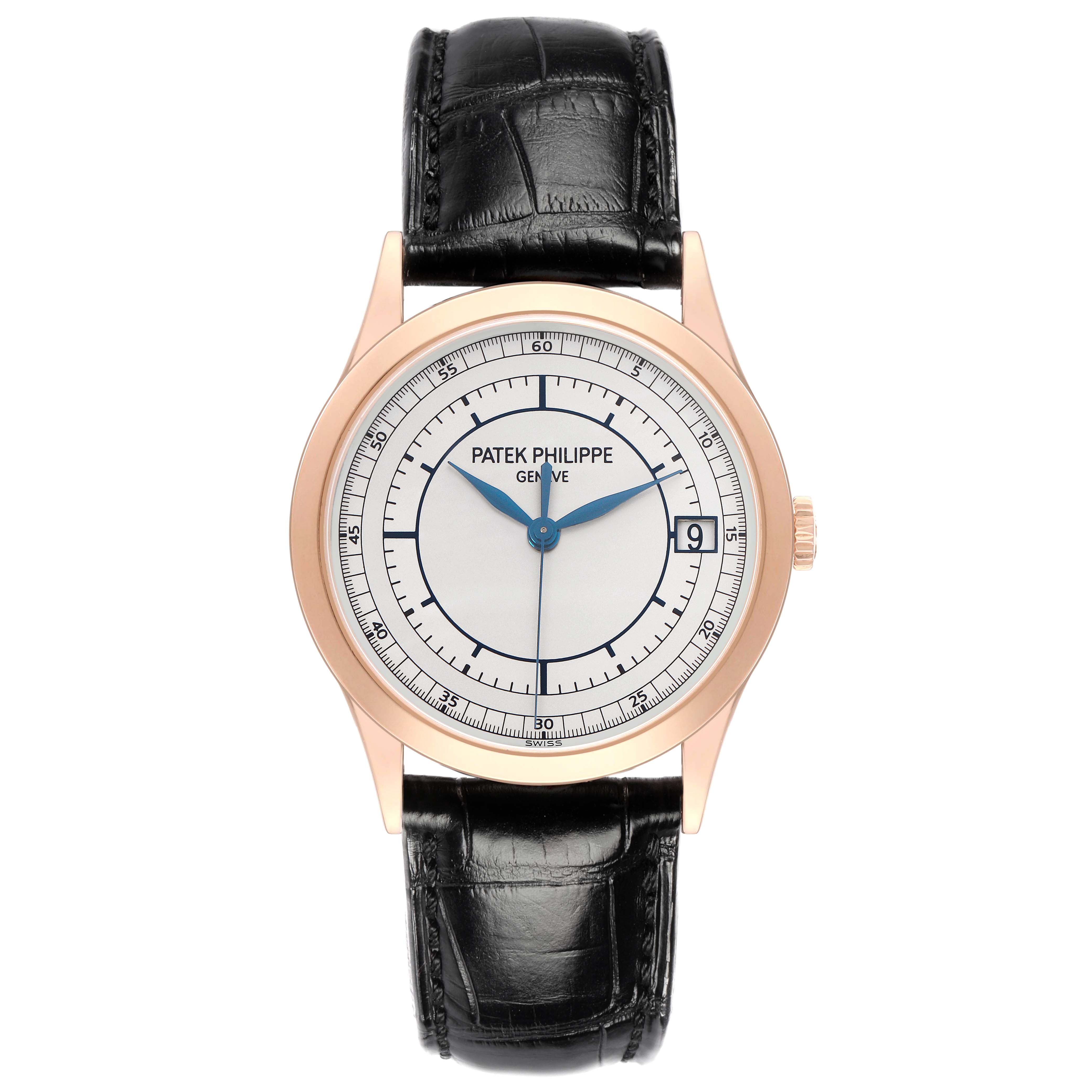 The image shows a front view of the Patek Philippe Calatrava model 5296R-001, featuring its dial, hands, date window, and leather strap.