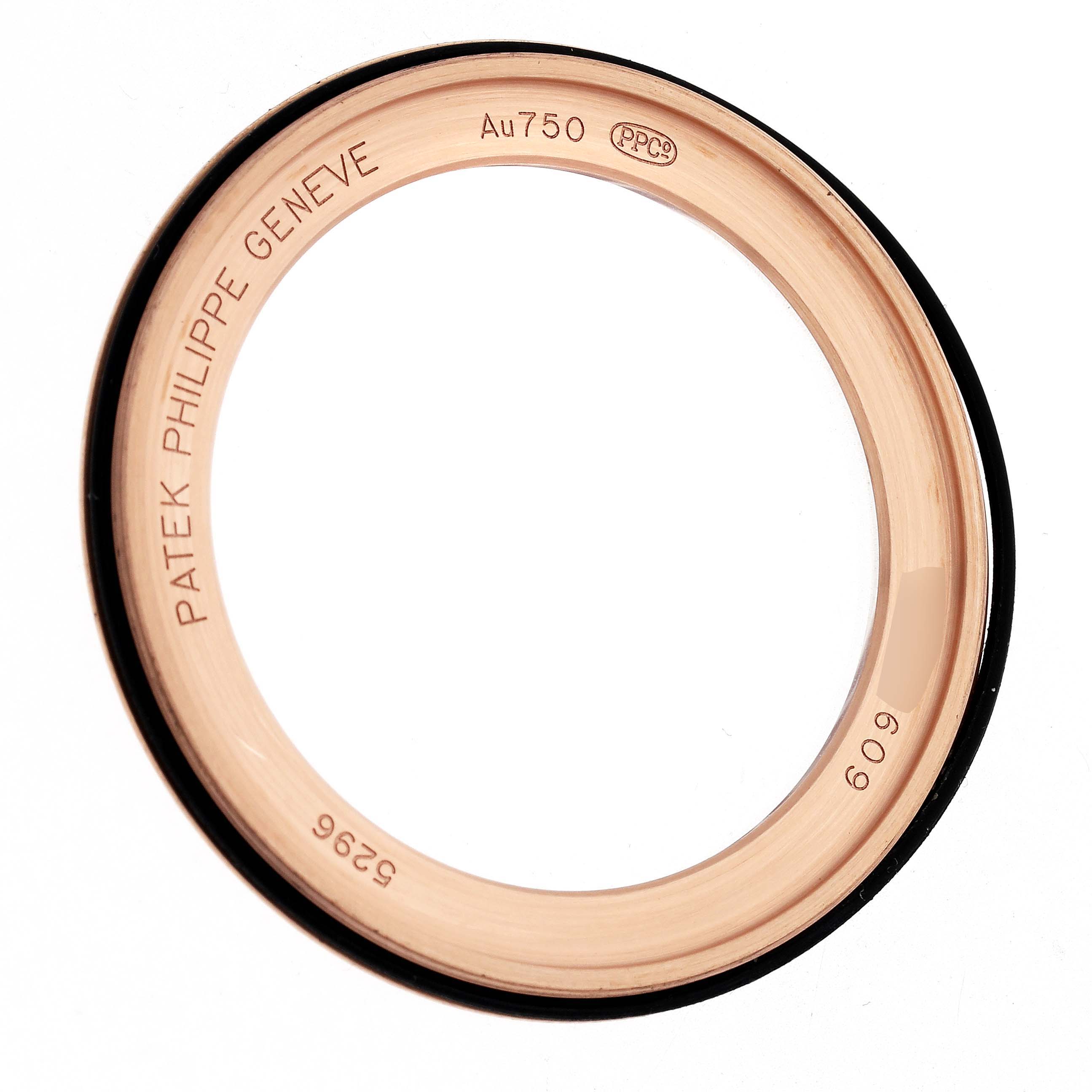 The image shows the bezel of a Patek Philippe Calatrava watch, model number 5296R-001, viewed from a top-down angle.