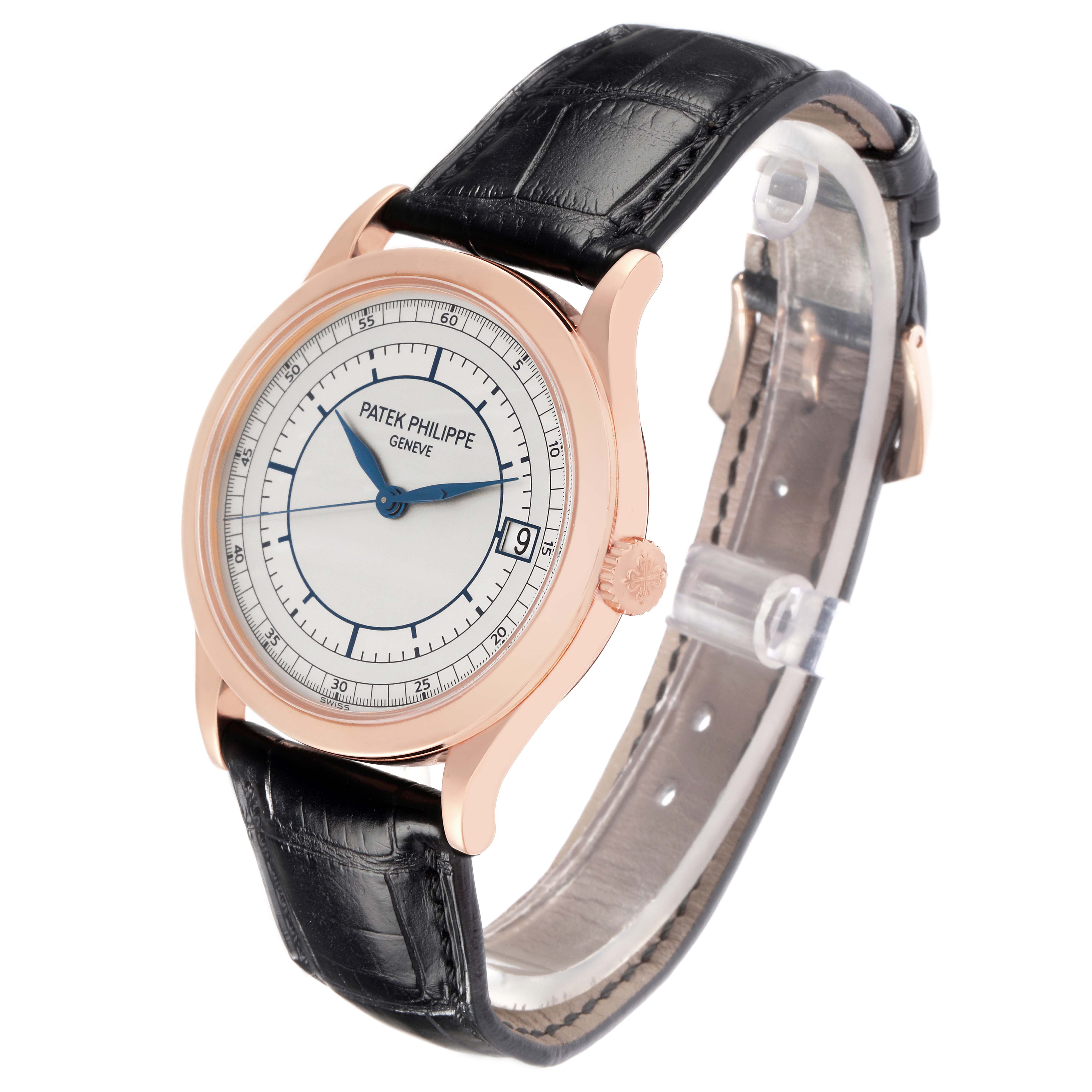 The Patek Philippe Calatrava 5296R-001 is shown at an angle displaying the watch's face, rose gold case, black leather strap, and crown.