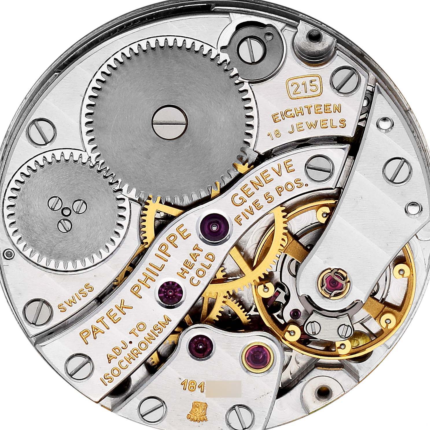 This image shows the intricate internal movement mechanism of a Patek Philippe Calatrava 3919/5 Men
s Yellow Gold White Dial 3919/5 Men
s Yellow Gold White Dial watch.