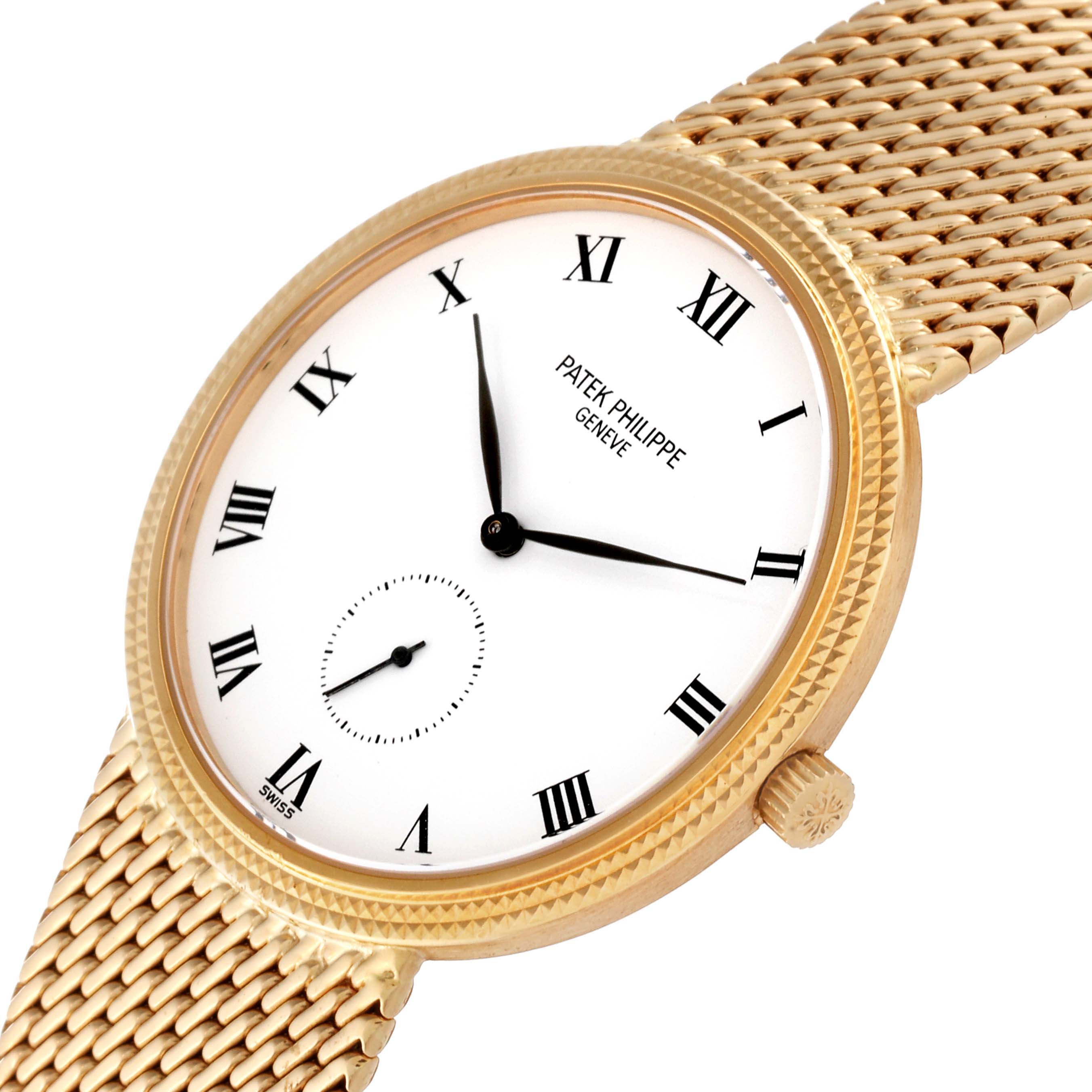This image shows a side angle of the Patek Philippe Calatrava 3919/5 Men
s Yellow Gold White Dial 3919/5 Men
s Yellow Gold White Dial watch, highlighting the face, crown, and gold mesh strap.