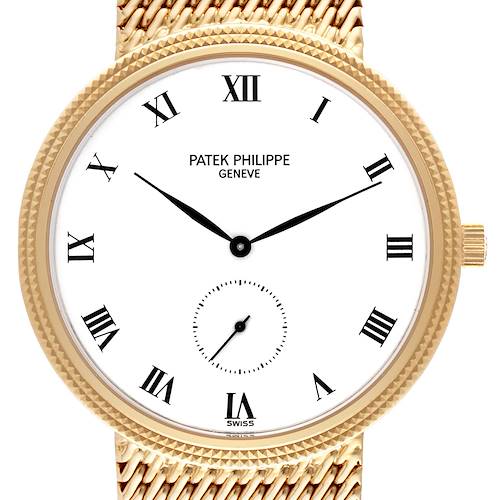 Front view of a Patek Philippe Calatrava watch showing the dial, hands, crown, and part of the band.