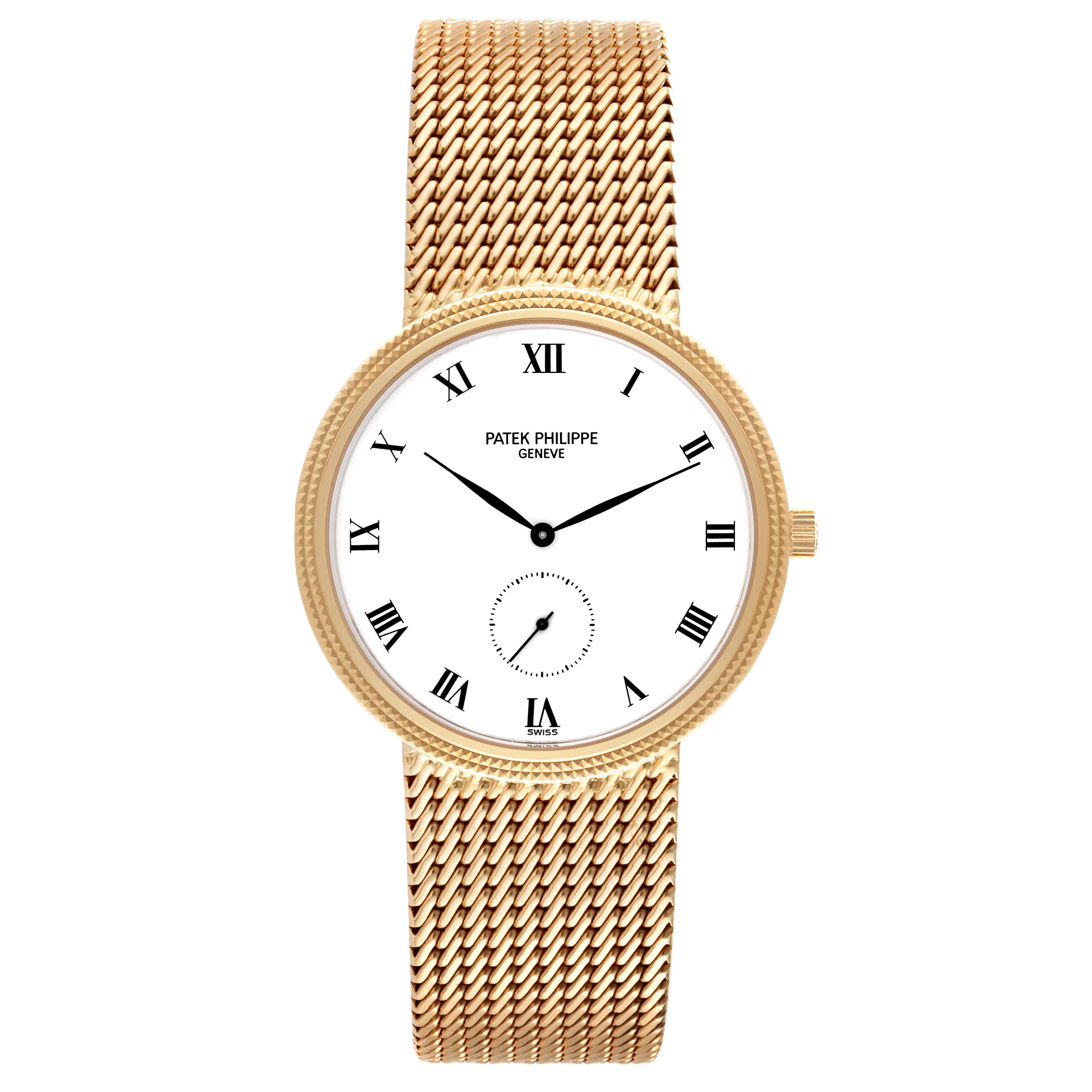 This image shows the front view of the Patek Philippe Calatrava 3919/5 Men
s Yellow Gold White Dial 3919/5 Men
s Yellow Gold White Dial watch, featuring a gold mesh bracelet, white dial, and Roman numerals.