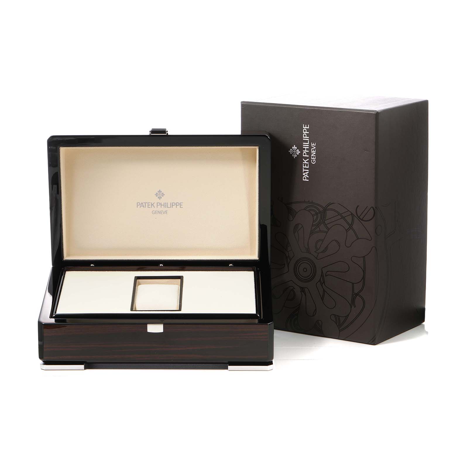 The image shows an open presentation box and outer packaging for a Patek Philippe Complications 5396G-011 Men's White Gold Silver Dial watch.