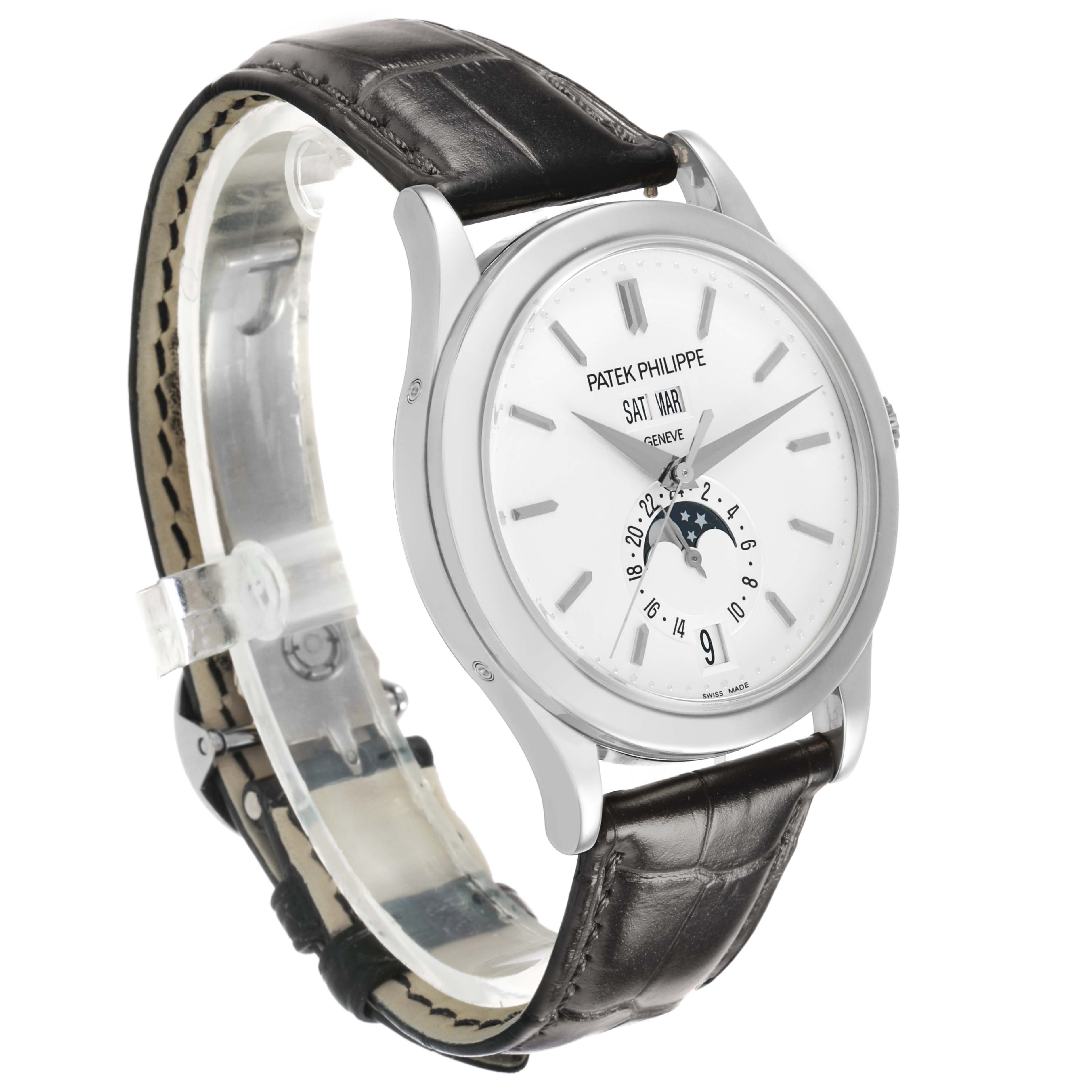 The image shows a Patek Philippe Complications 5396G-011 Men's White Gold Silver Dial watch from a three-quarter angle, highlighting the dial, case, and leather strap.
