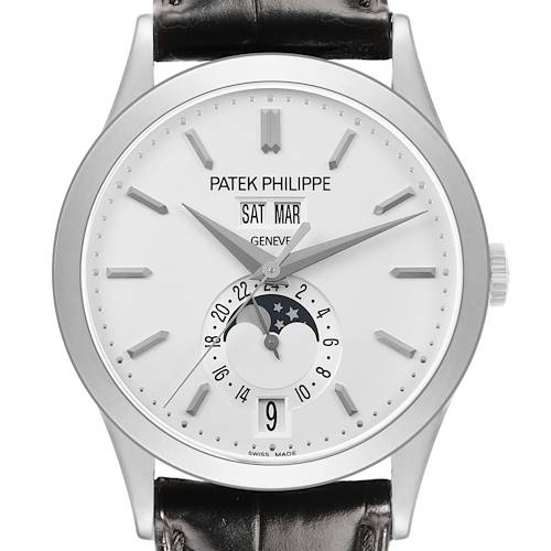 The Patek Philippe Complications 5396G-011 Men's White Gold Silver Dial watch is shown from the front, displaying the dial, hands, moon phase, date, and day/month windows.
