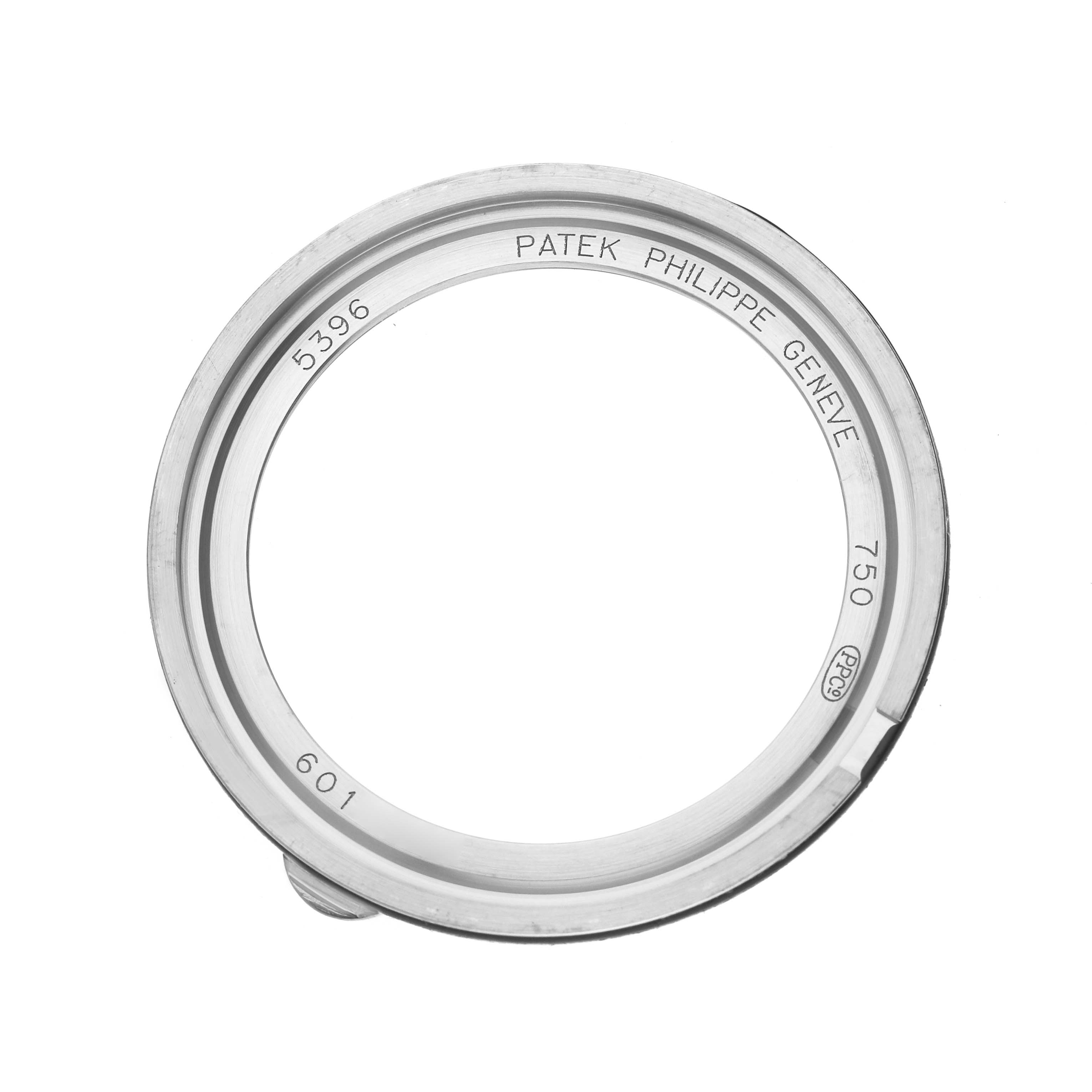 The image shows a top-down view of the bezel for a Patek Philippe Complications 5396G-011 Men's White Gold Silver Dial model.