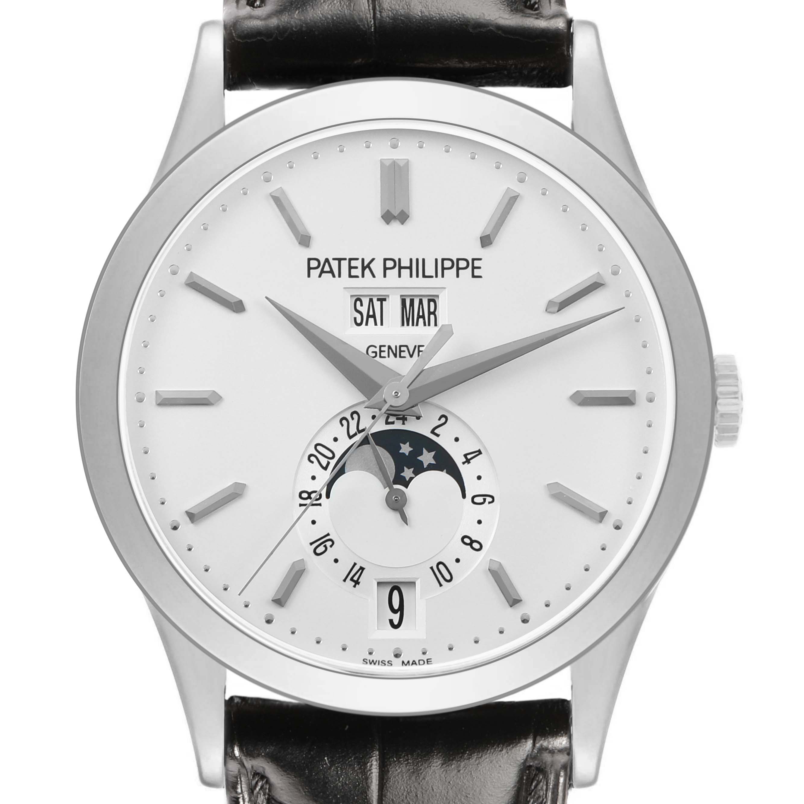 The Patek Philippe Complications 5396G-011 Men's White Gold Silver Dial watch is shown from a front view, displaying its dial with day, month, and moon phase.