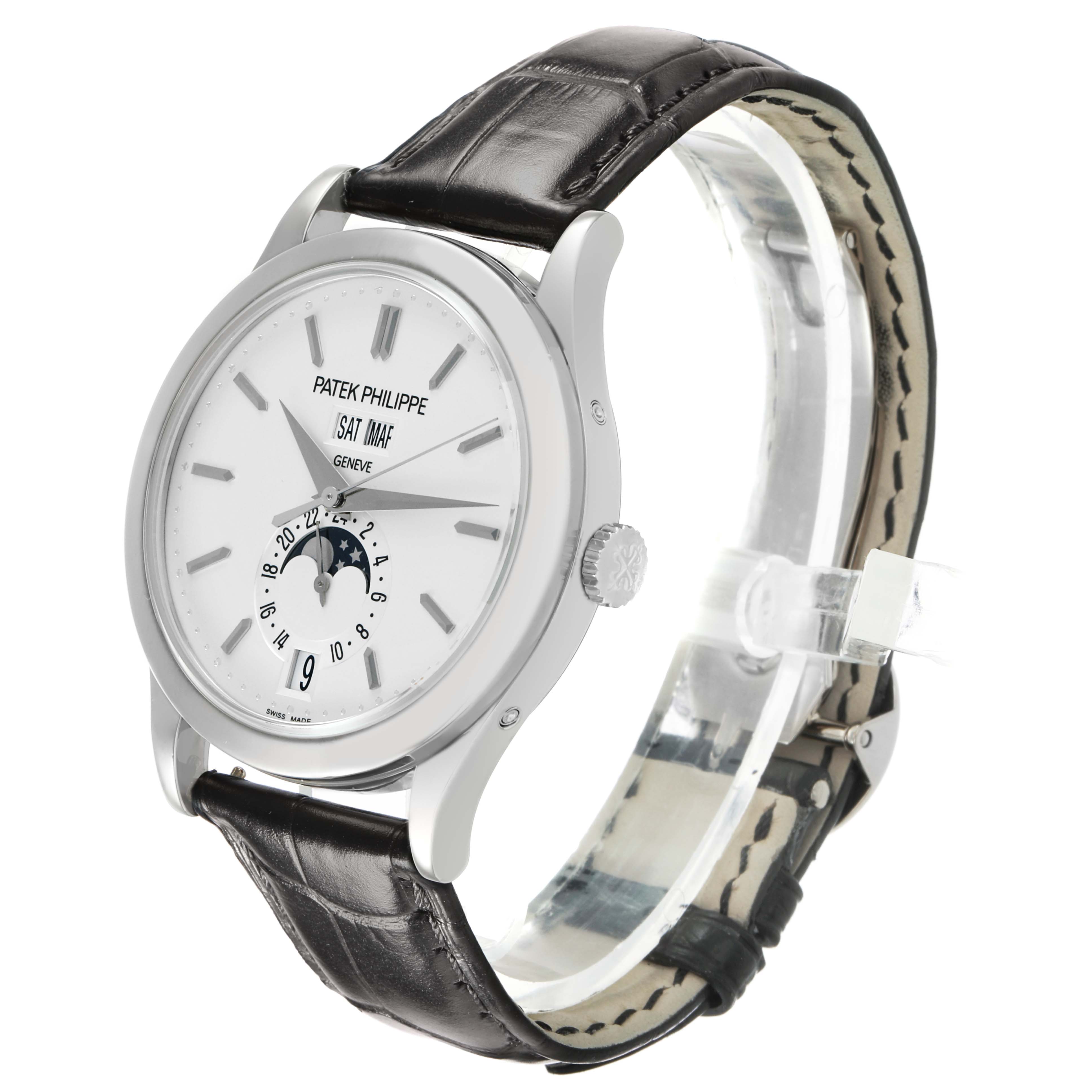 The Patek Philippe Complications 5396G-011 Men's White Gold Silver Dial watch is shown at a three-quarter angle, highlighting the dial, case, and leather strap.
