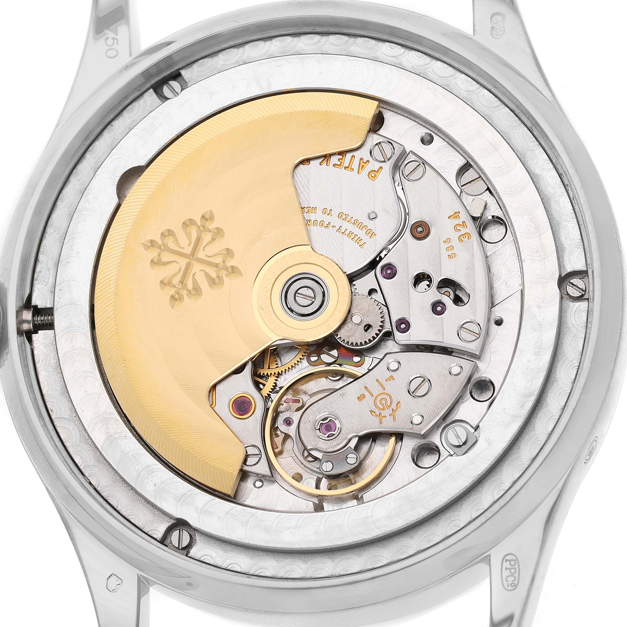 The image shows the back view of the Patek Philippe Complications 5396G-011 Men's White Gold Silver Dial model, highlighting the intricate movement and rotor.