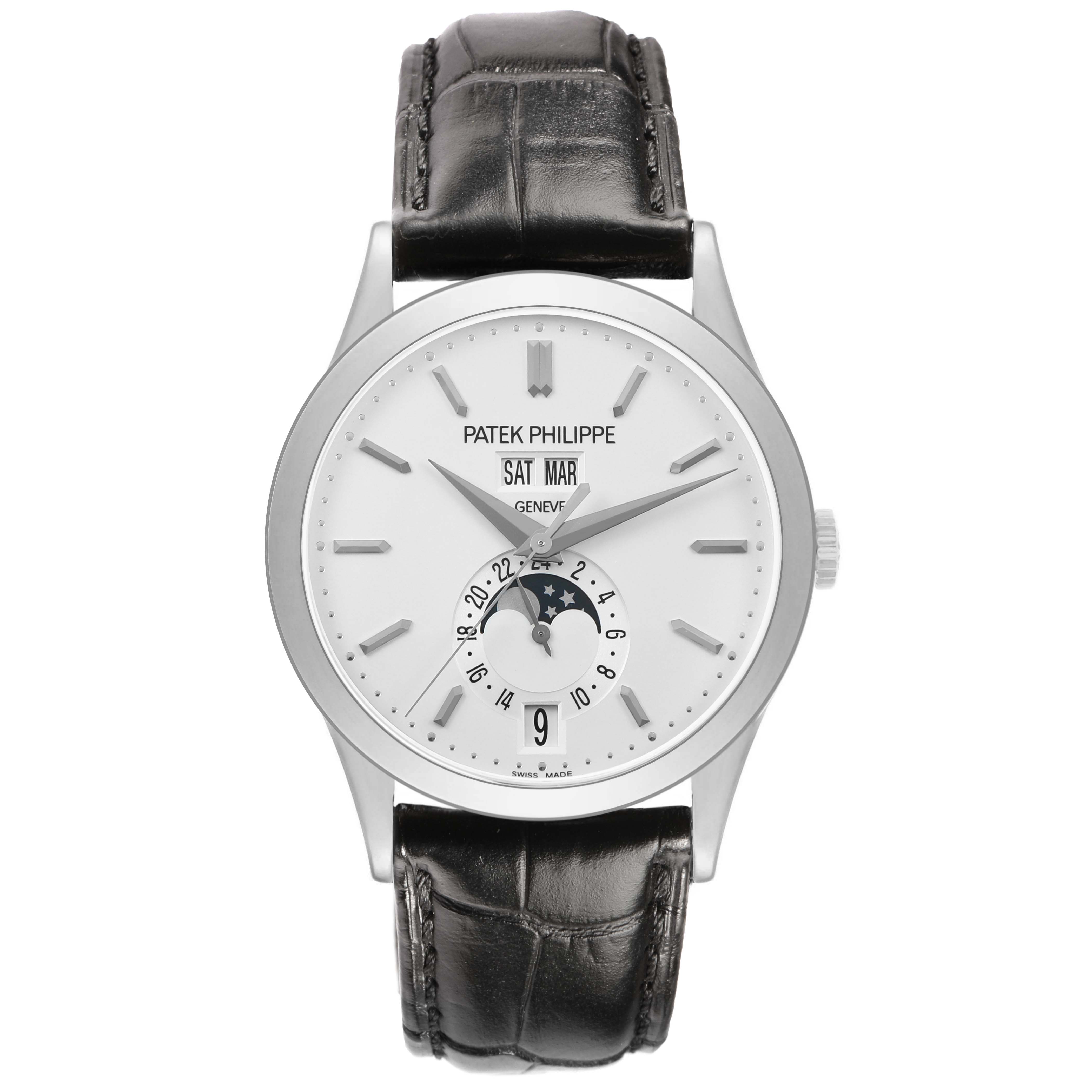 The Patek Philippe Complications 5396G-011 Men's White Gold Silver Dial watch is shown from a front angle, displaying the dial, leather strap, and moon phase feature.