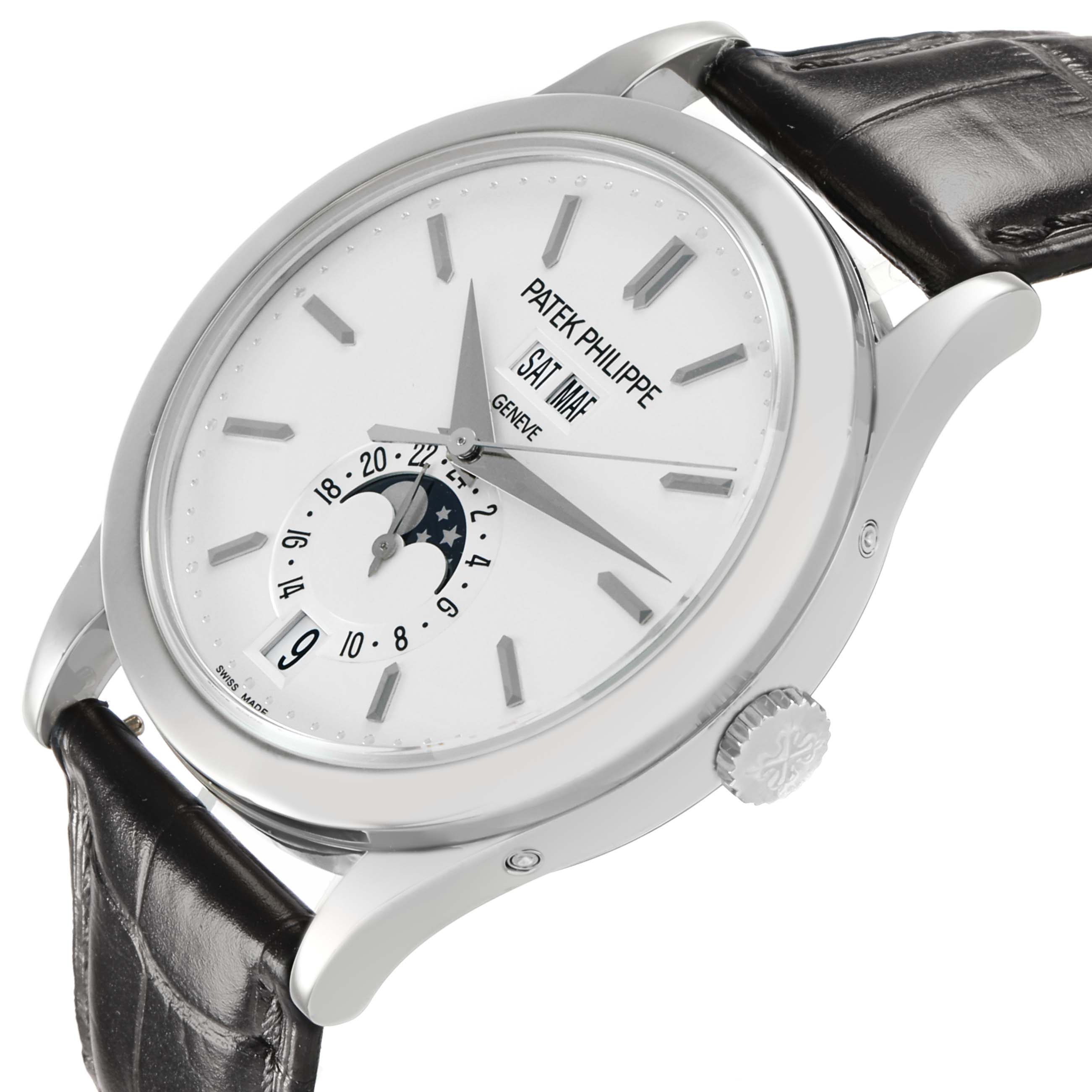 The Patek Philippe Complications 5396G-011 Men's White Gold Silver Dial watch is shown at an angled view, highlighting the dial, case, crown, and leather strap.