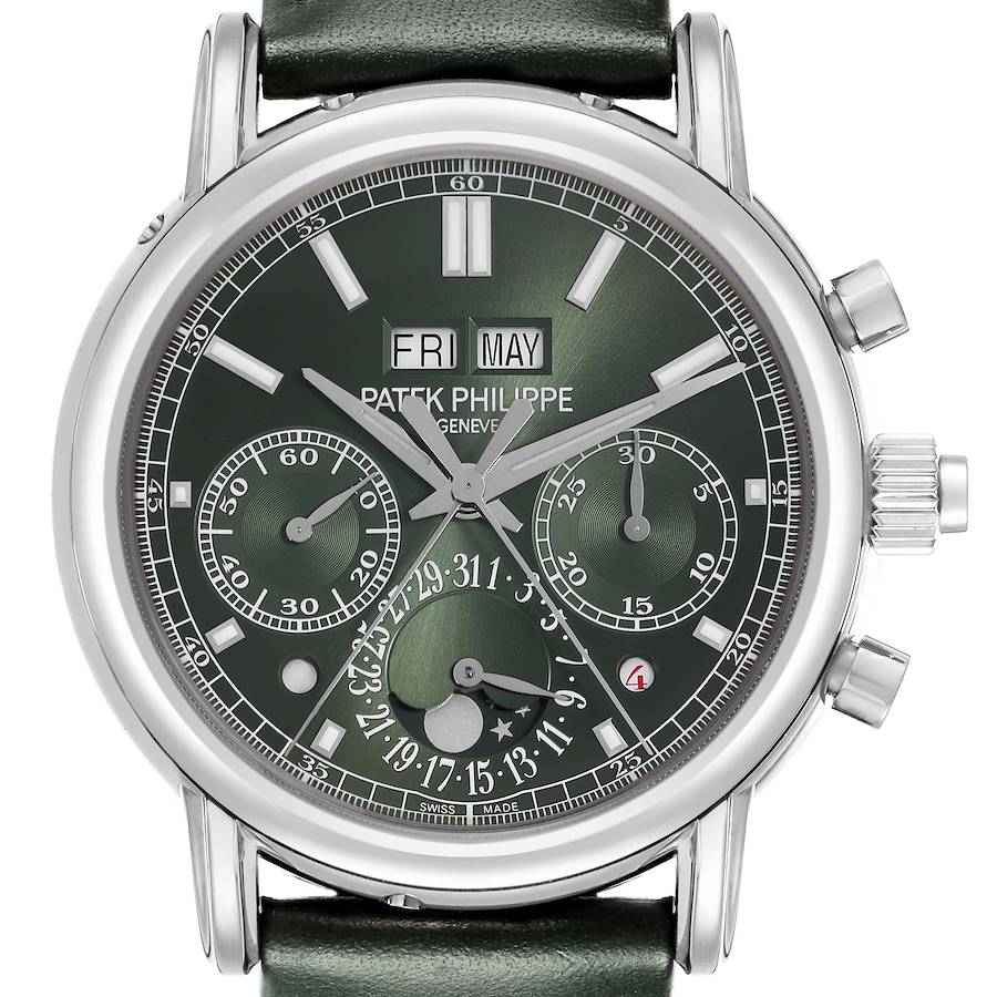 The image shows a front view of the Patek Philippe Complications model 5204G-001, highlighting the green dial, subdials, and silver-tone case with pushers.