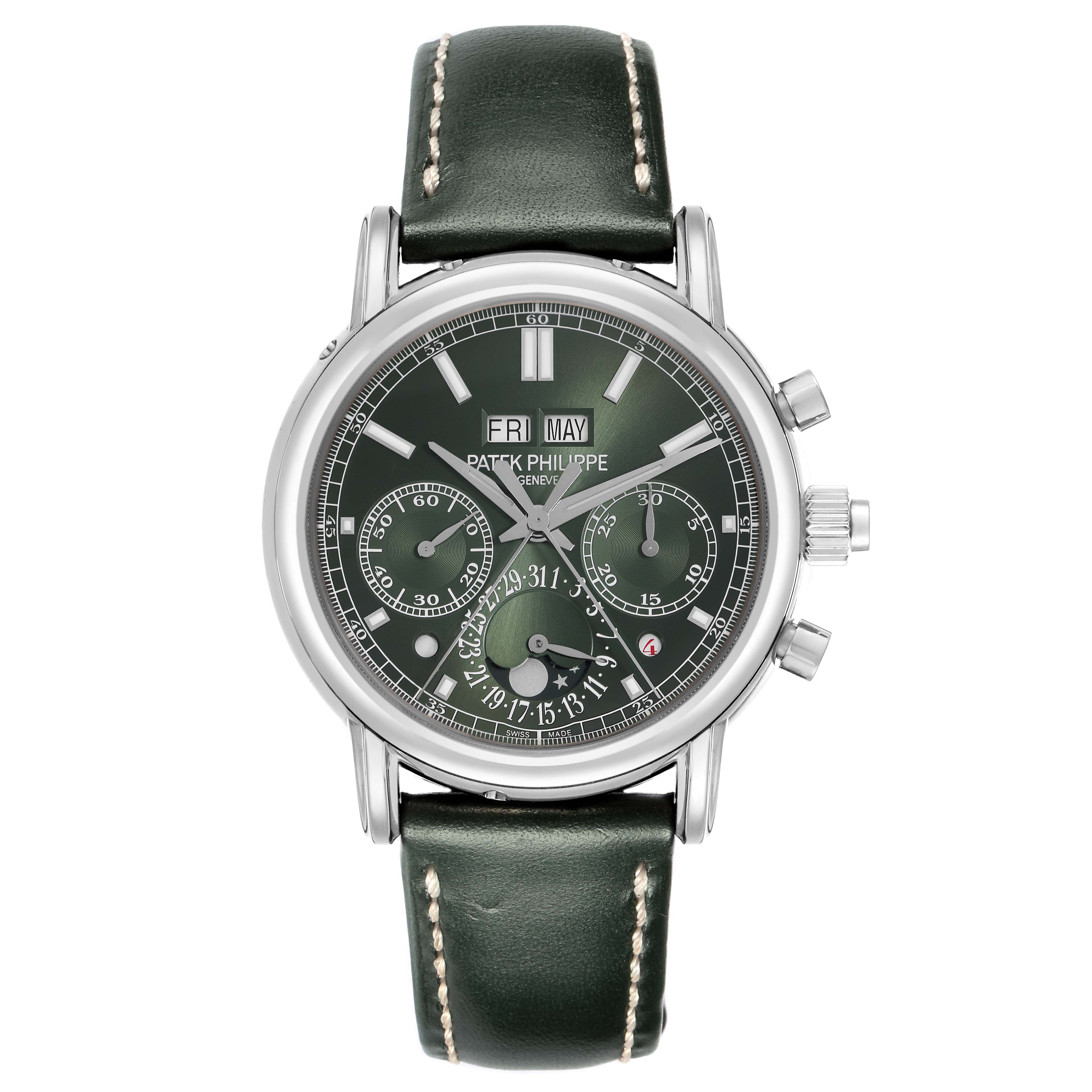 The image shows a frontal view of the Patek Philippe Complications 5204G-001 men's watch, highlighting its green dial, subdials, and black leather strap.