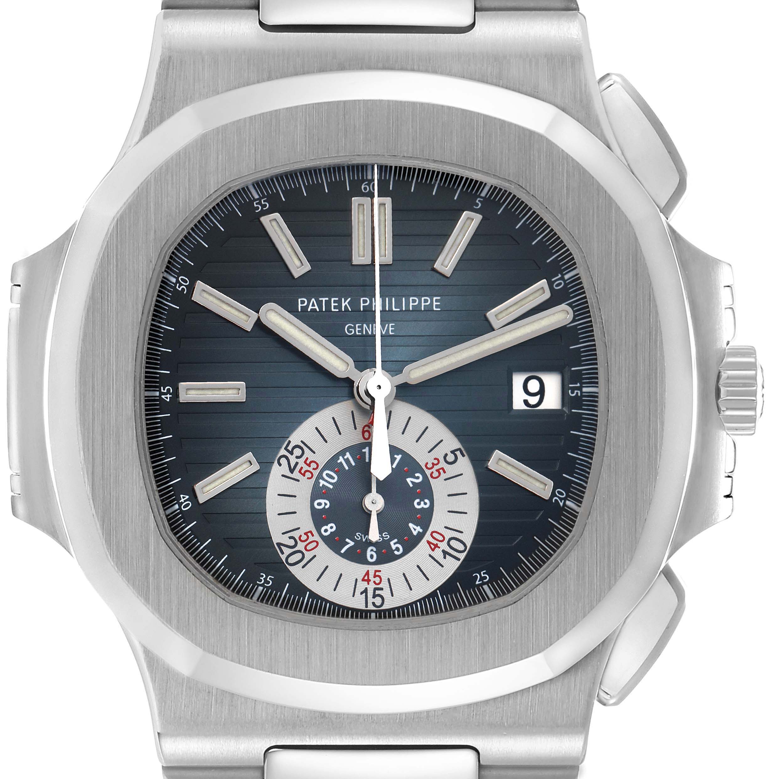 The Patek Philippe Nautilus model 5980/1A-001 is shown from the front, highlighting its dial, hands, subdial, date window, and stainless steel case.