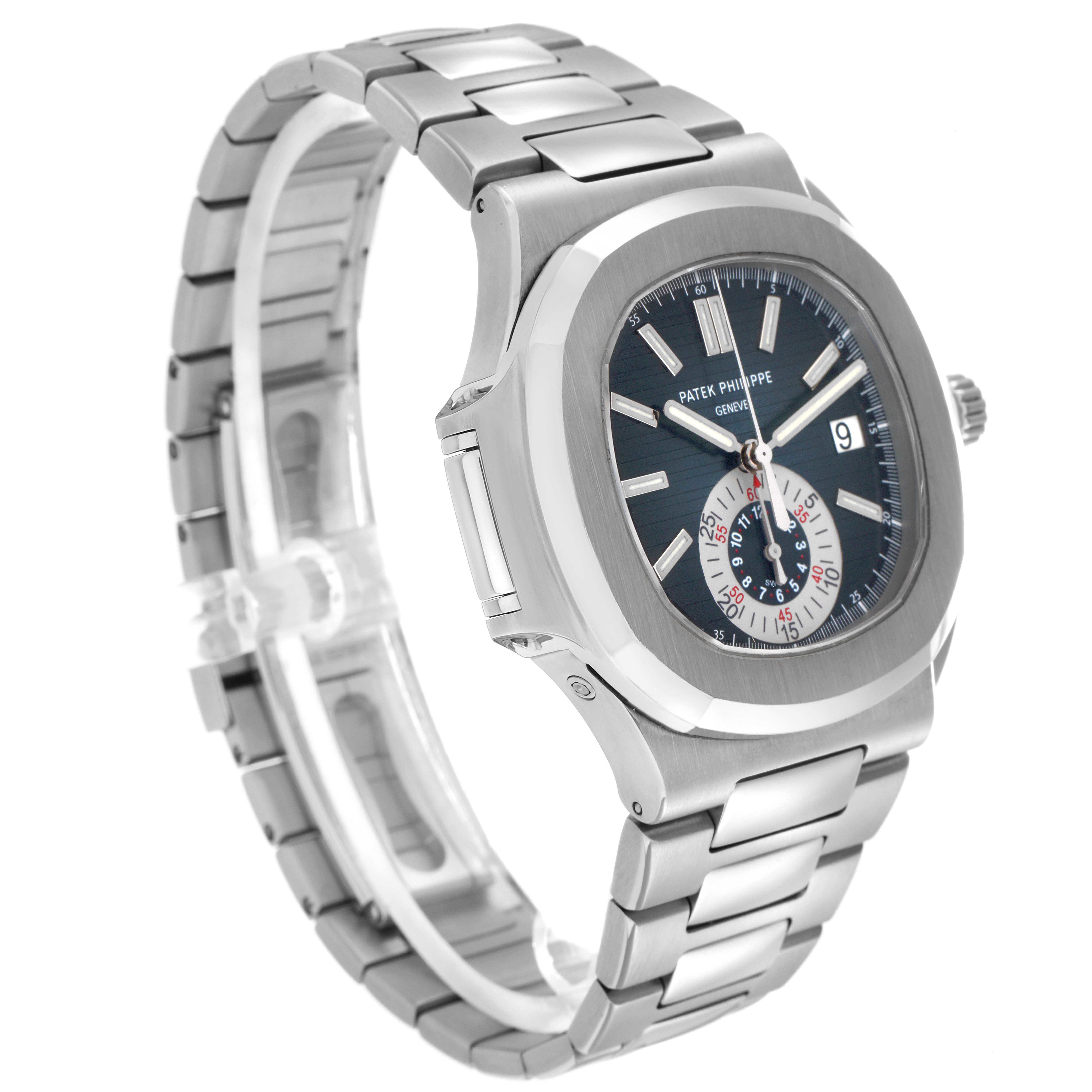 The Patek Philippe Nautilus model 5980/1A-001 is shown from a side angle, highlighting the case, bracelet, and dial details.