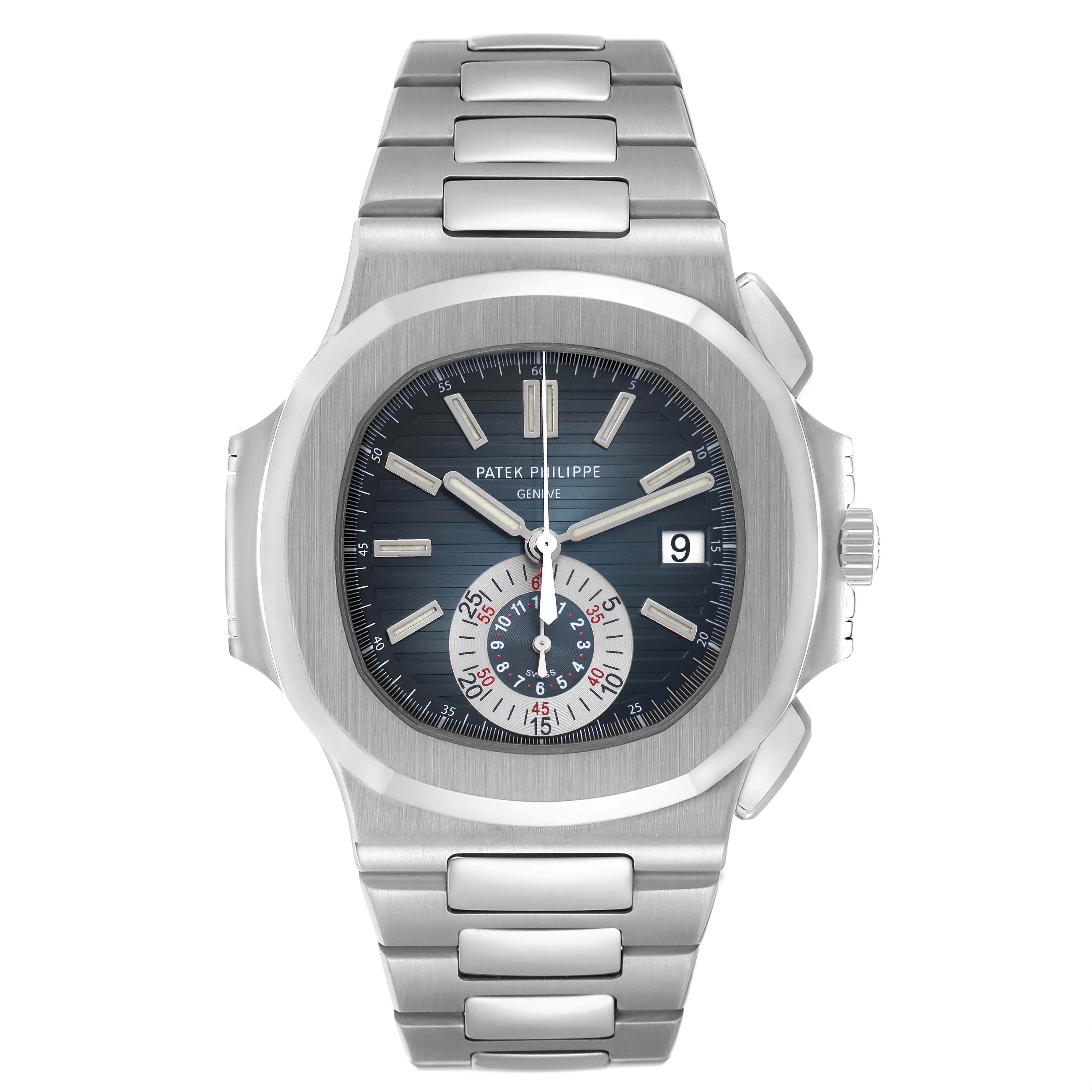 The image shows a front view of the Patek Philippe Nautilus 5980/1A-001 men's watch, highlighting the face, bracelet, crown, and chronograph subdial.