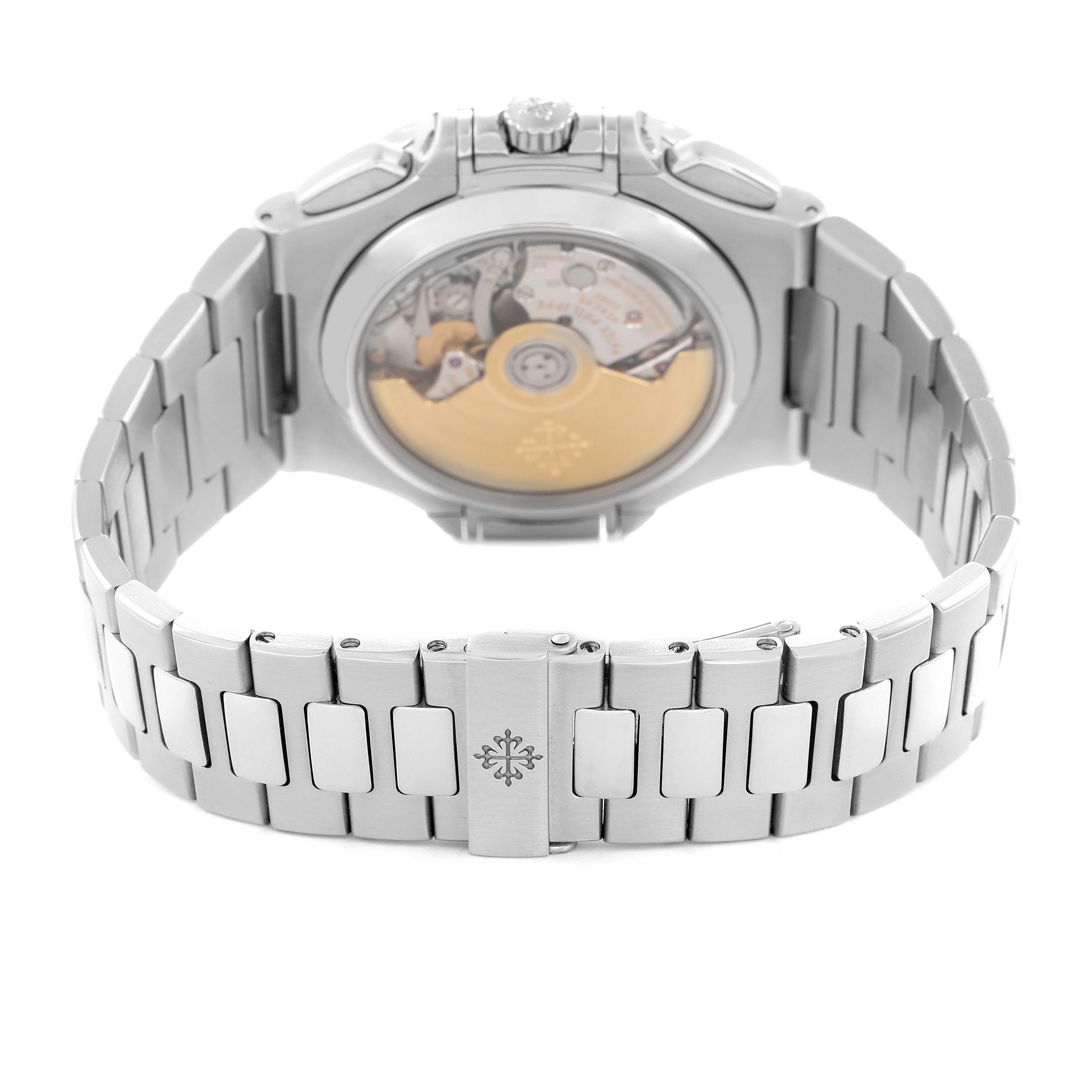 The image shows the back view of the Patek Philippe Nautilus model 5980/1A-001, highlighting its transparent case back and stainless steel bracelet.