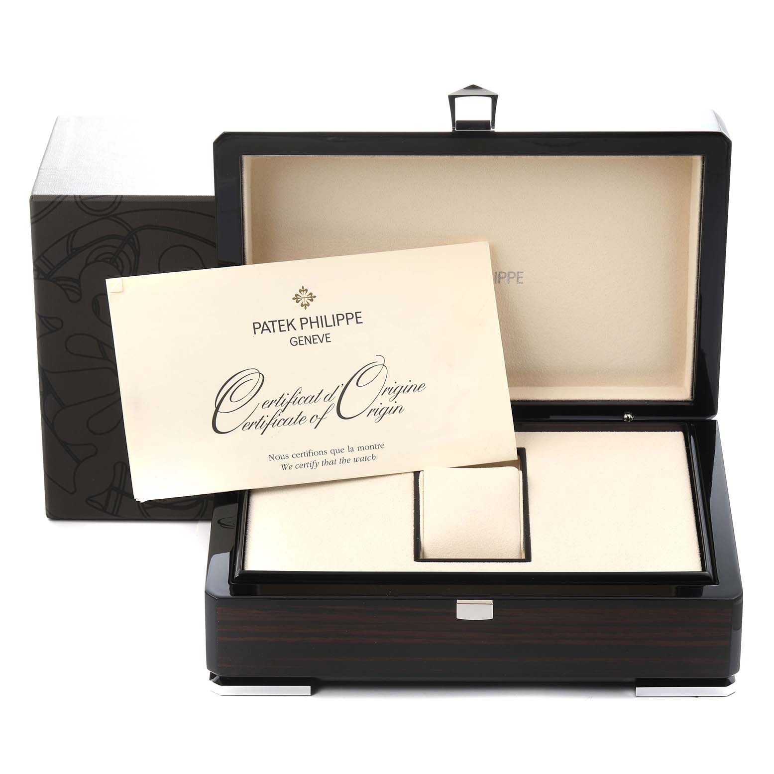 The image shows a Patek Philippe Nautilus 5980/1A-001 watch box, opened to reveal a certificate of origin, viewed from the front.