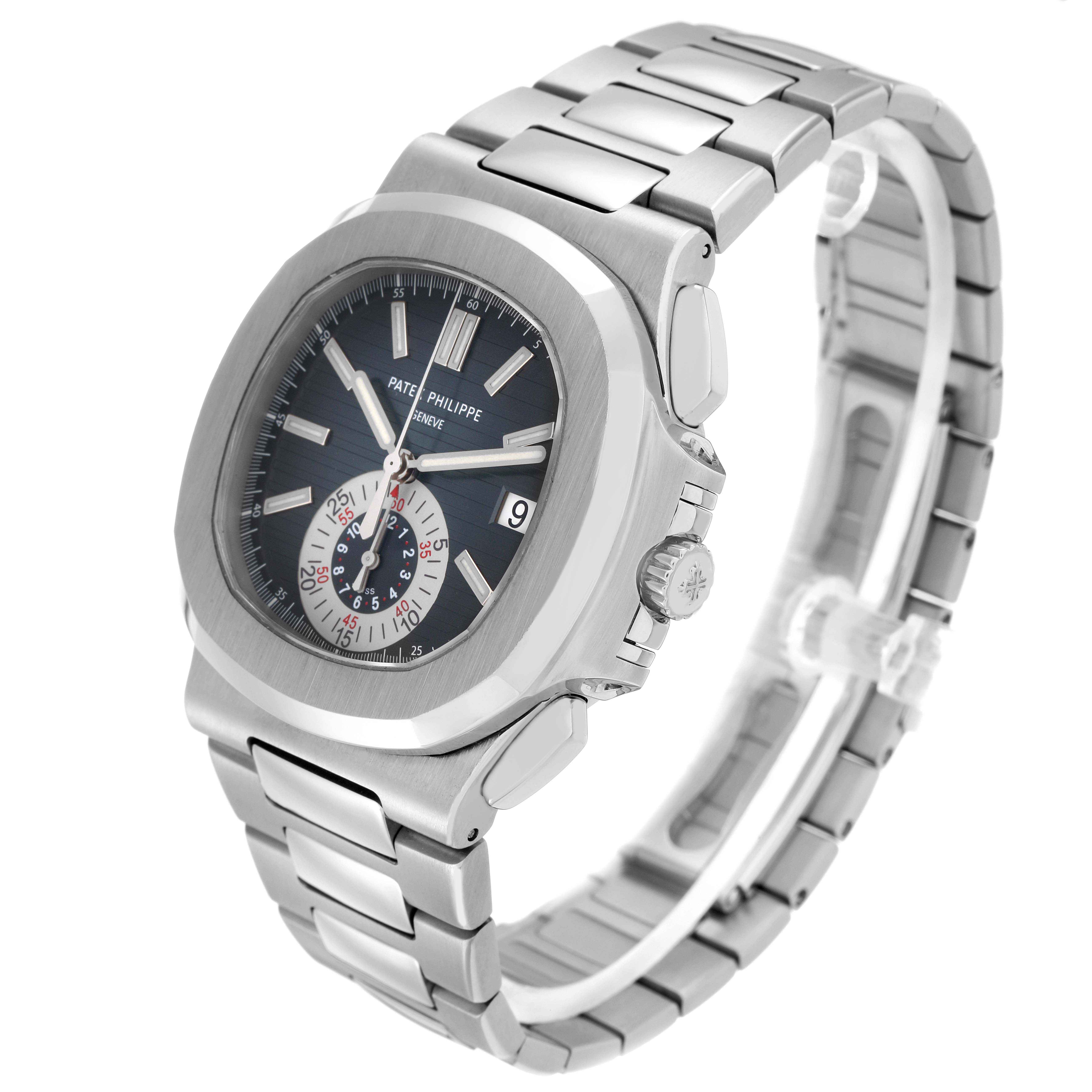 The image shows a Patek Philippe Nautilus model 5980/1A-001 men's watch angled to display the face, case, and bracelet, highlighting its design and features.