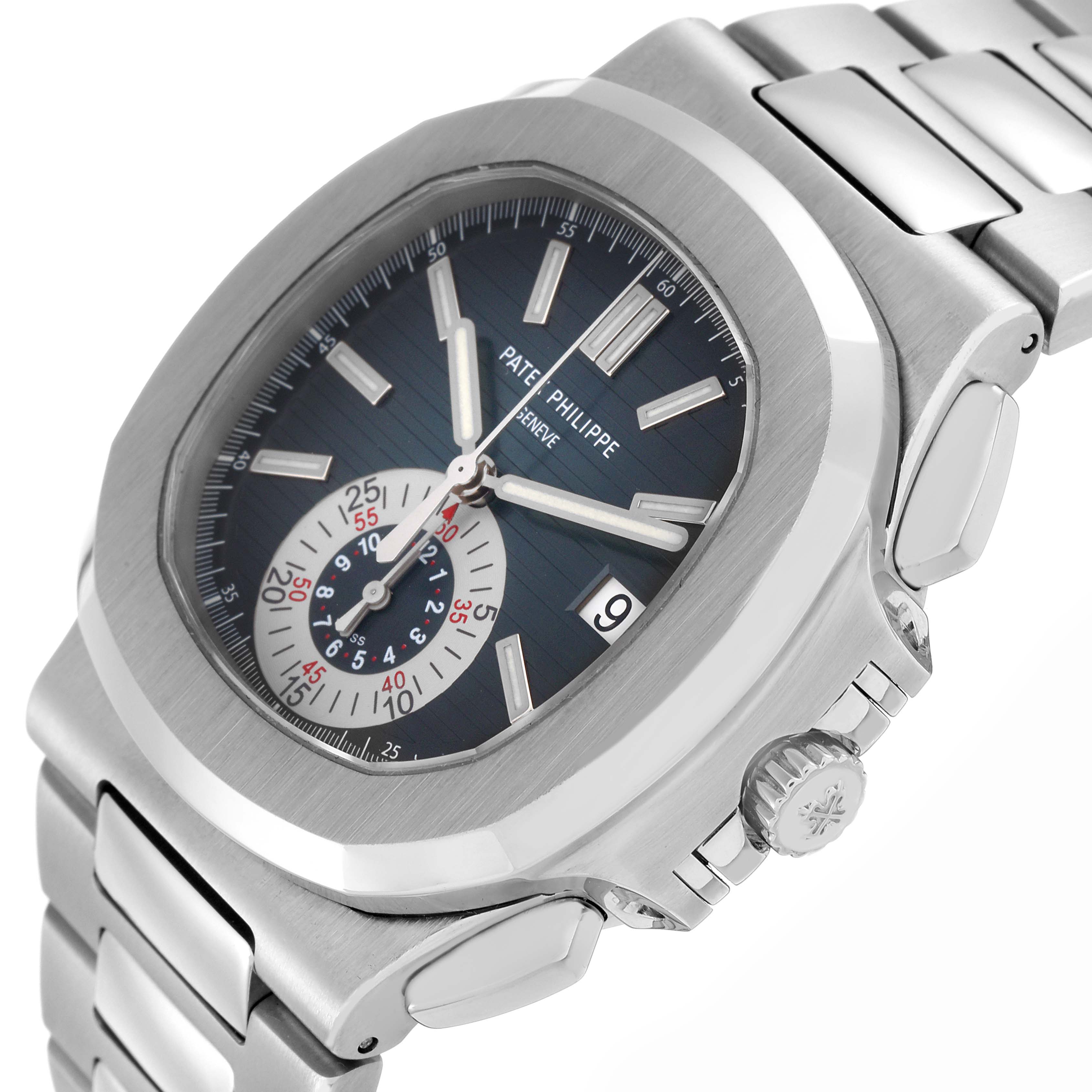 The image shows a Patek Philippe Nautilus model 5980/1A-001 men's watch at a slight angle, highlighting the face, crown, pushers, and part of the stainless steel bracelet.