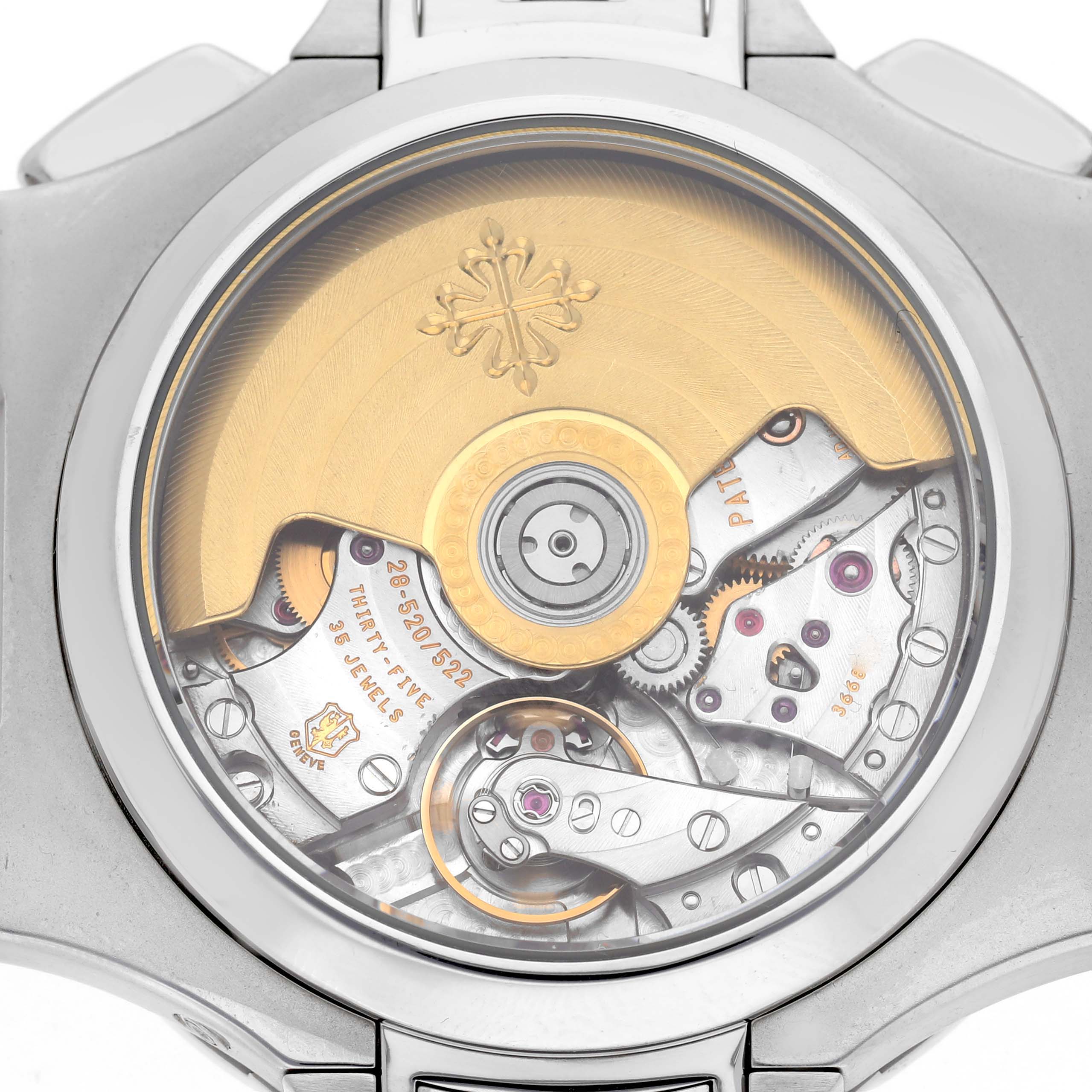 The image shows the caseback of the Patek Philippe Nautilus model 5980/1A-001, highlighting the intricate movement and rotor.