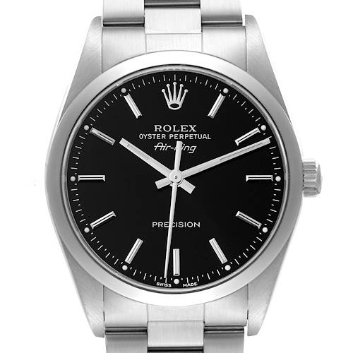 This image shows a frontal view of a Rolex Air-King watch, highlighting the dial, hands, crown, and part of the bracelet.