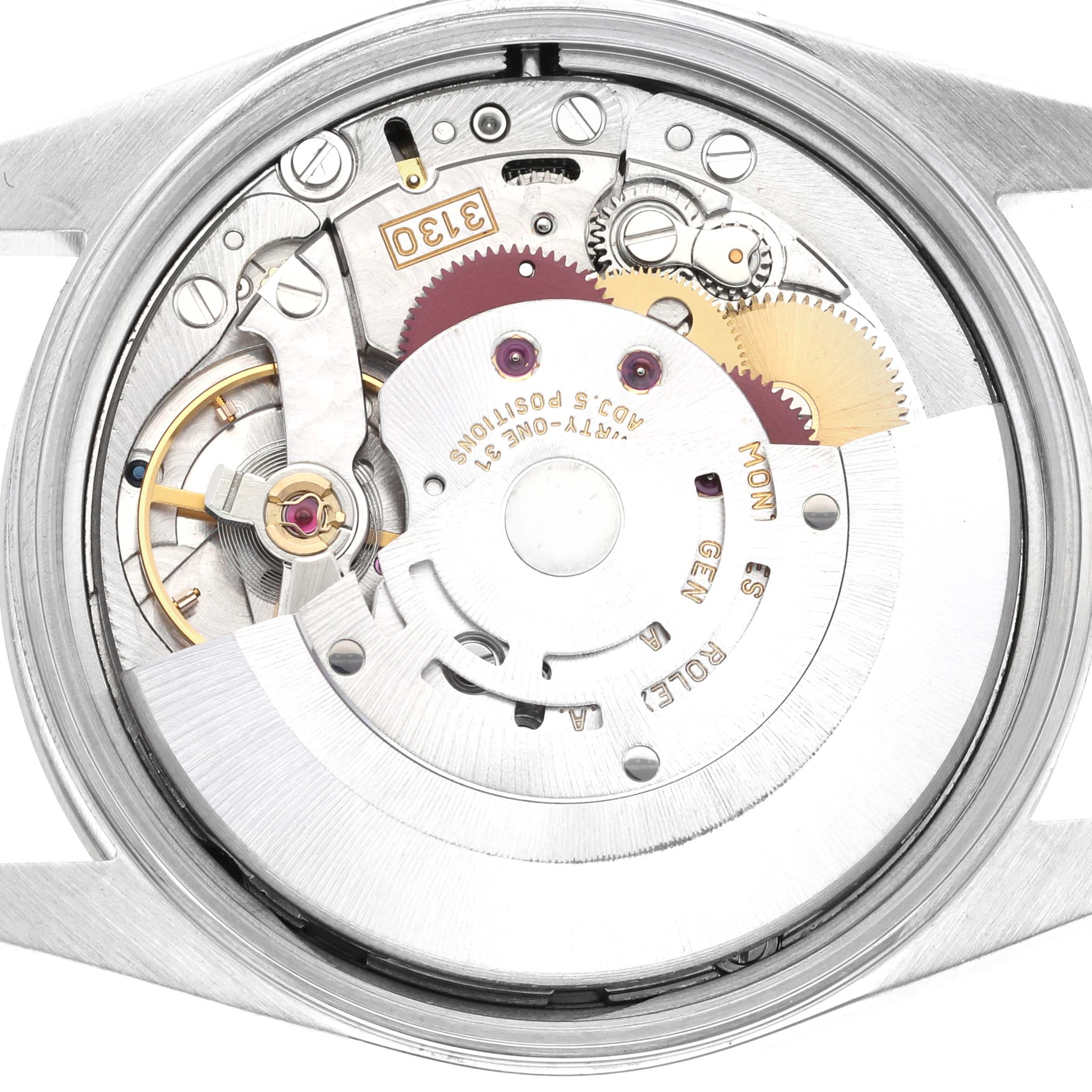 This is an internal view of the Rolex Air-King 14000M Men's Stainless Steel Black Dial 14000M Men's Stainless Steel Black Dial showing its intricate mechanical movement parts.