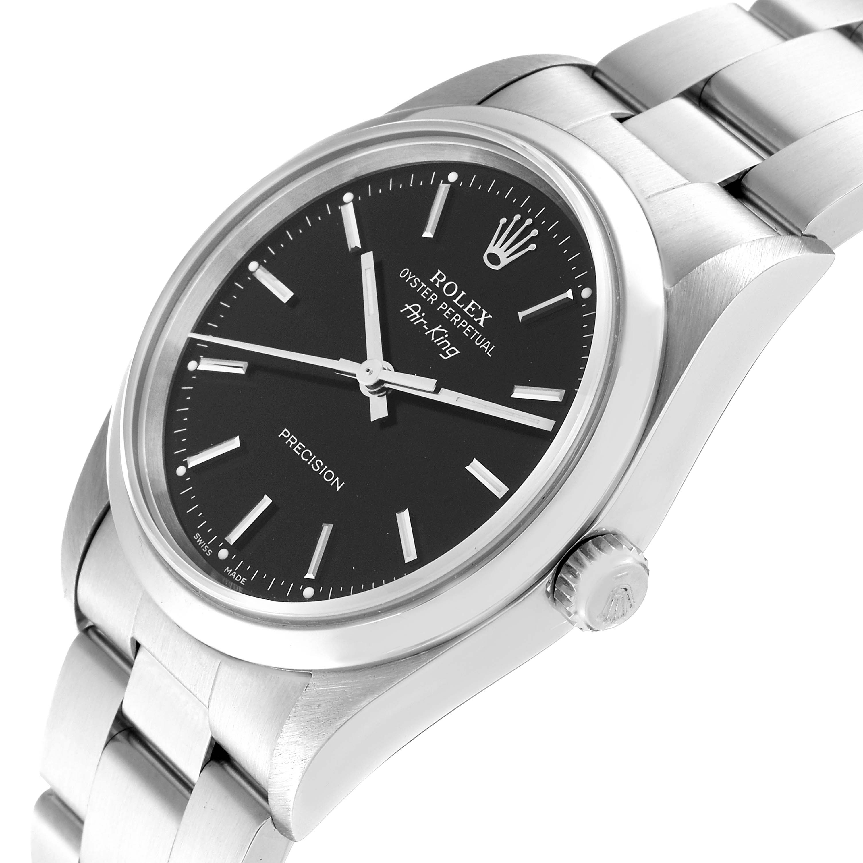 The Rolex Air-King 14000M Men's Stainless Steel Black Dial 14000M Men's Stainless Steel Black Dial watch is shown from an angled side view, displaying the black dial, crown, and part of the stainless steel bracelet.