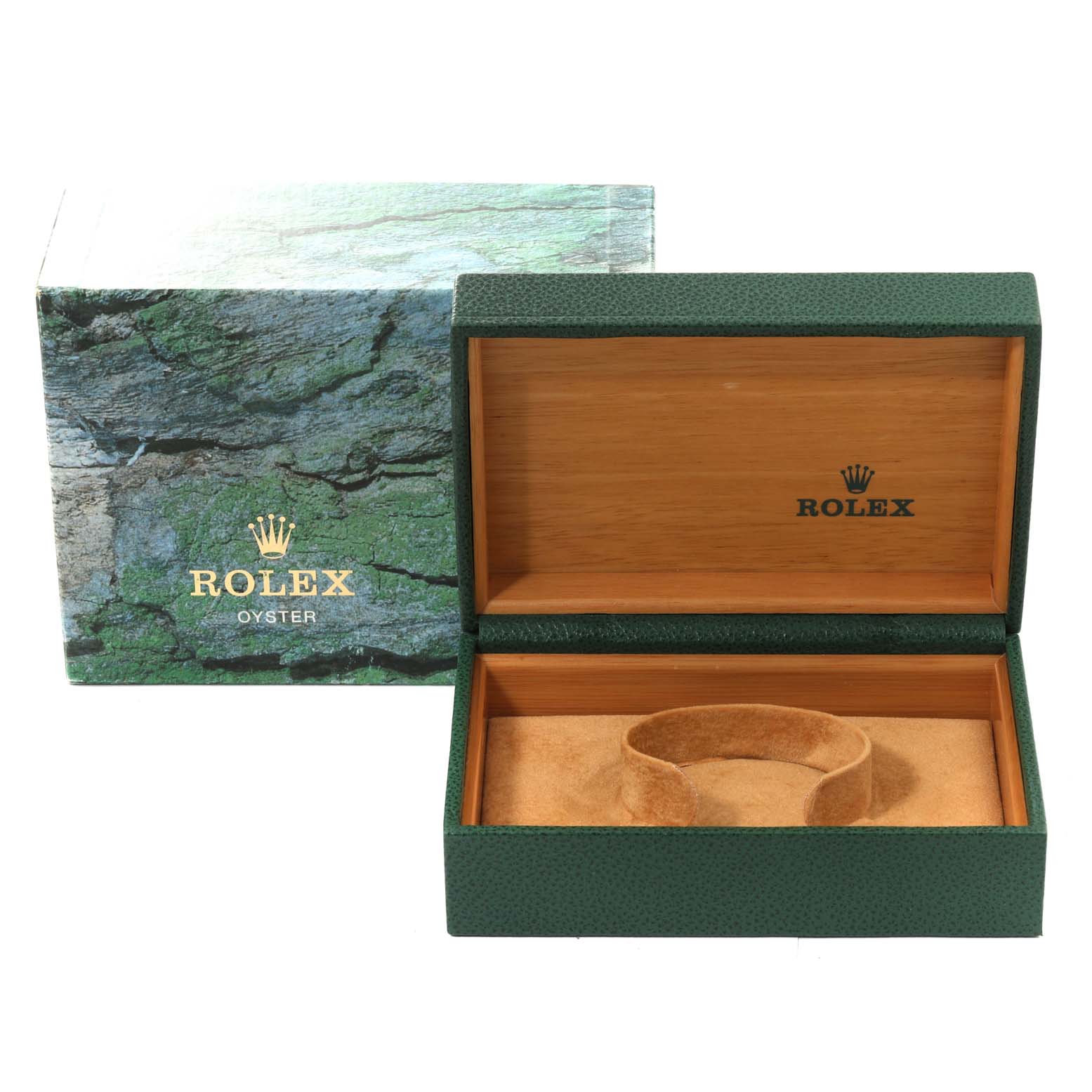 The image shows an open green Rolex watch box with the interior exposed, along with its outer green-themed packaging box.