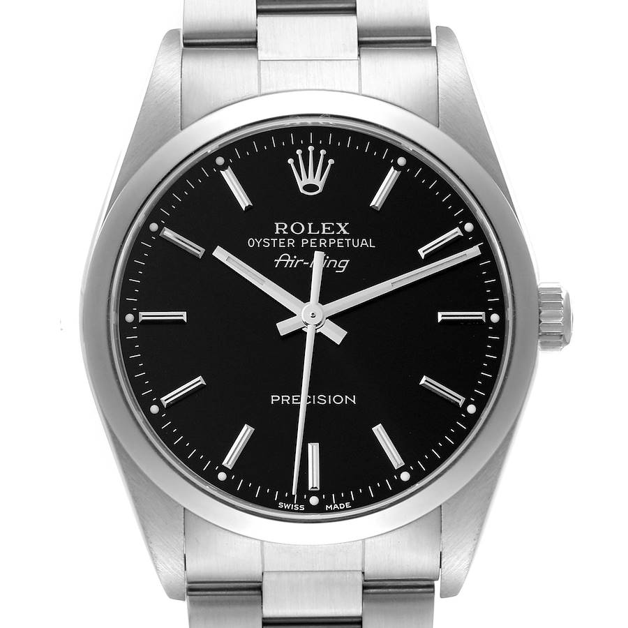 The image shows a front view of a Rolex Air-King watch, highlighting its black dial, silver hands, and stainless steel case and bracelet.