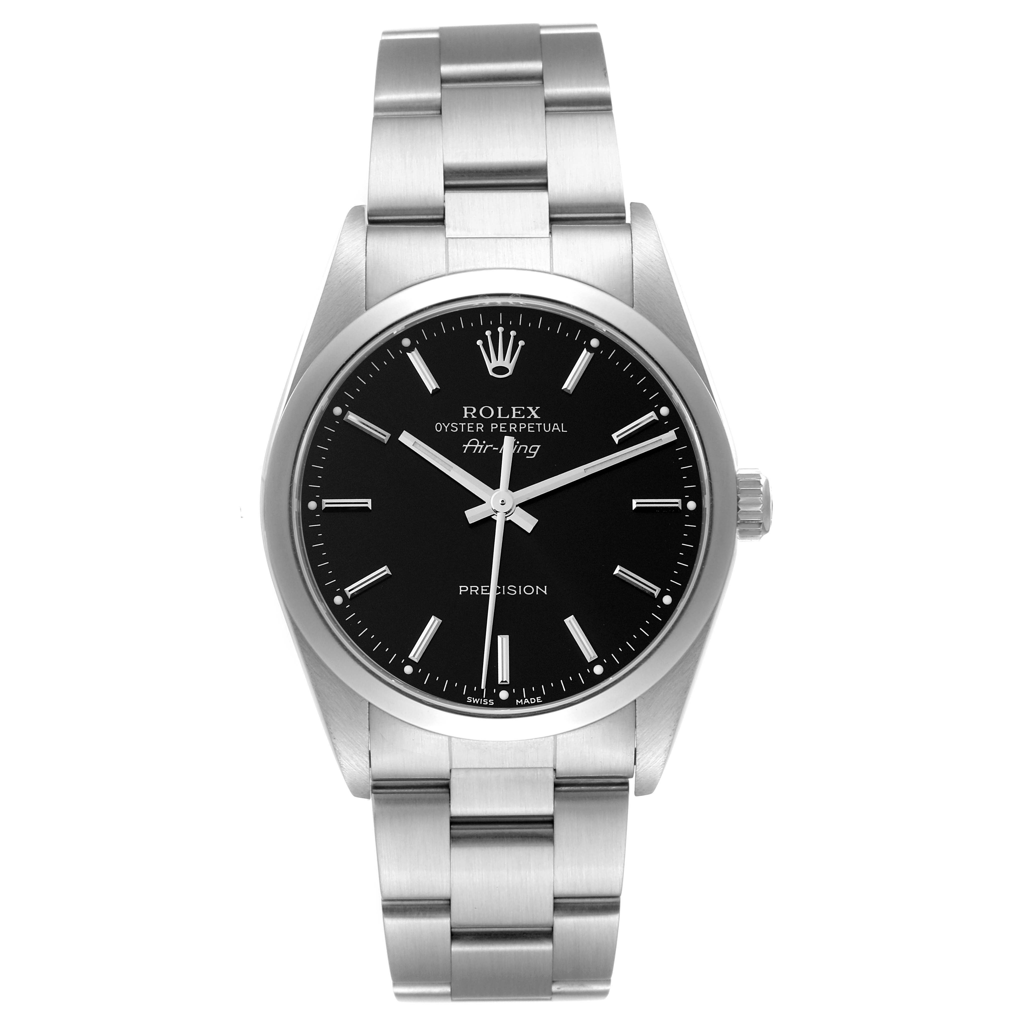 This Rolex Air-King 14000M Men's Stainless Steel Black Dial 14000M Men's Stainless Steel Black Dial watch is shown from a front angle, displaying the dial, bezel, and bracelet clearly.