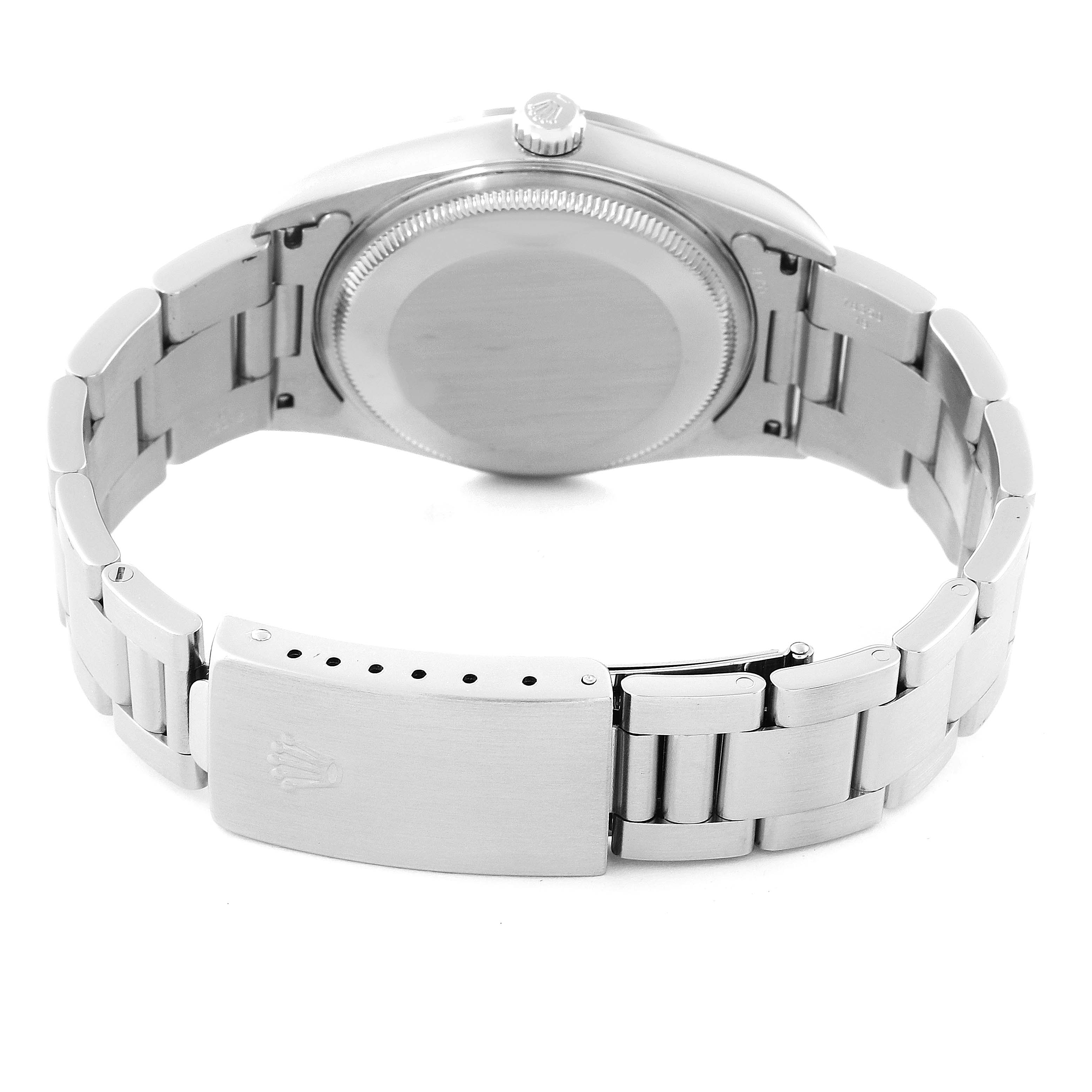 This image shows the back view of the Rolex Air-King 14000M Men's Stainless Steel Black Dial 14000M Men's Stainless Steel Black Dial watch, focusing on the case back, crown, and clasp of the bracelet.