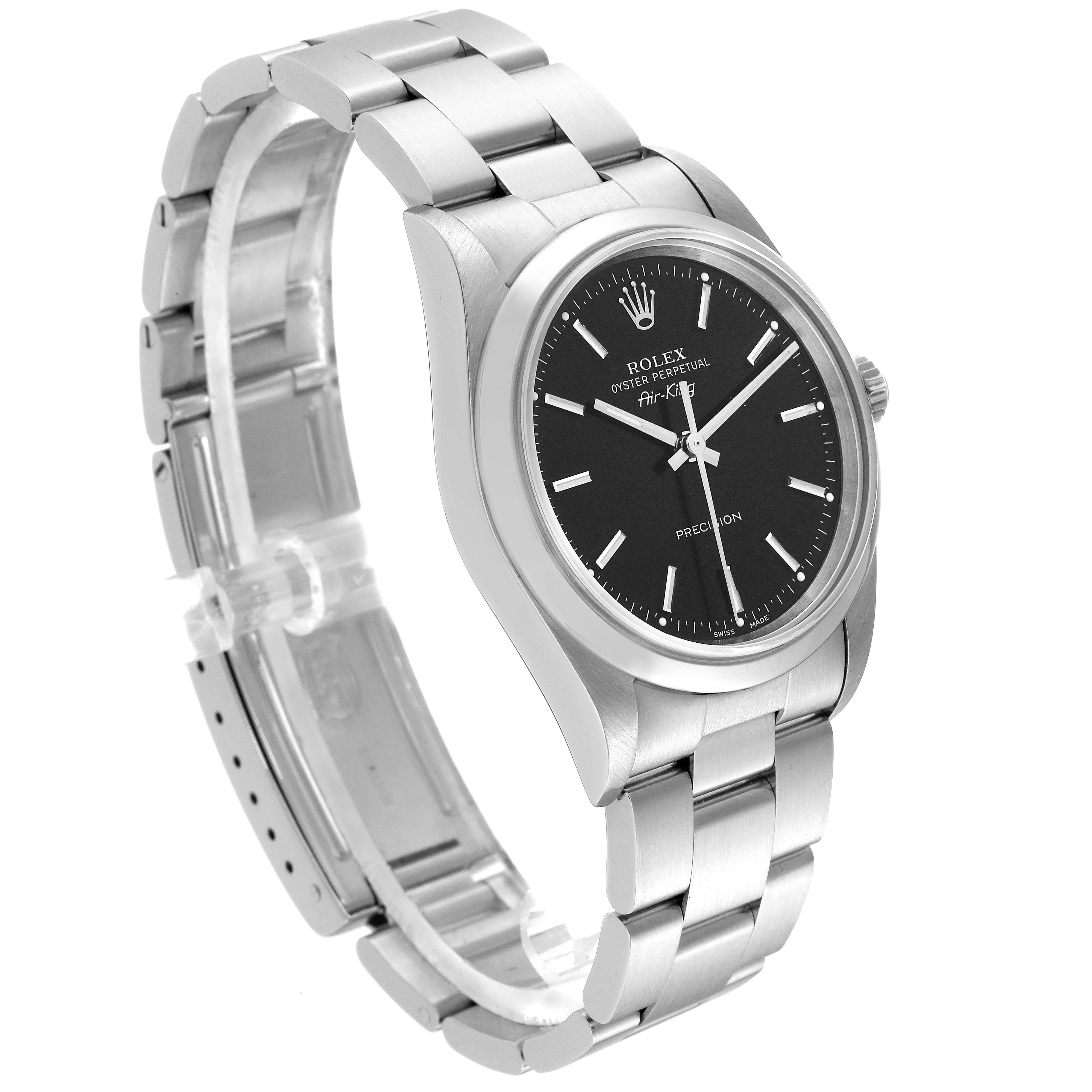 This image shows a Rolex Air-King 14000M Men's Stainless Steel Black Dial 14000M Men's Stainless Steel Black Dial watch at a three-quarter angle, highlighting its bracelet, case, and face.