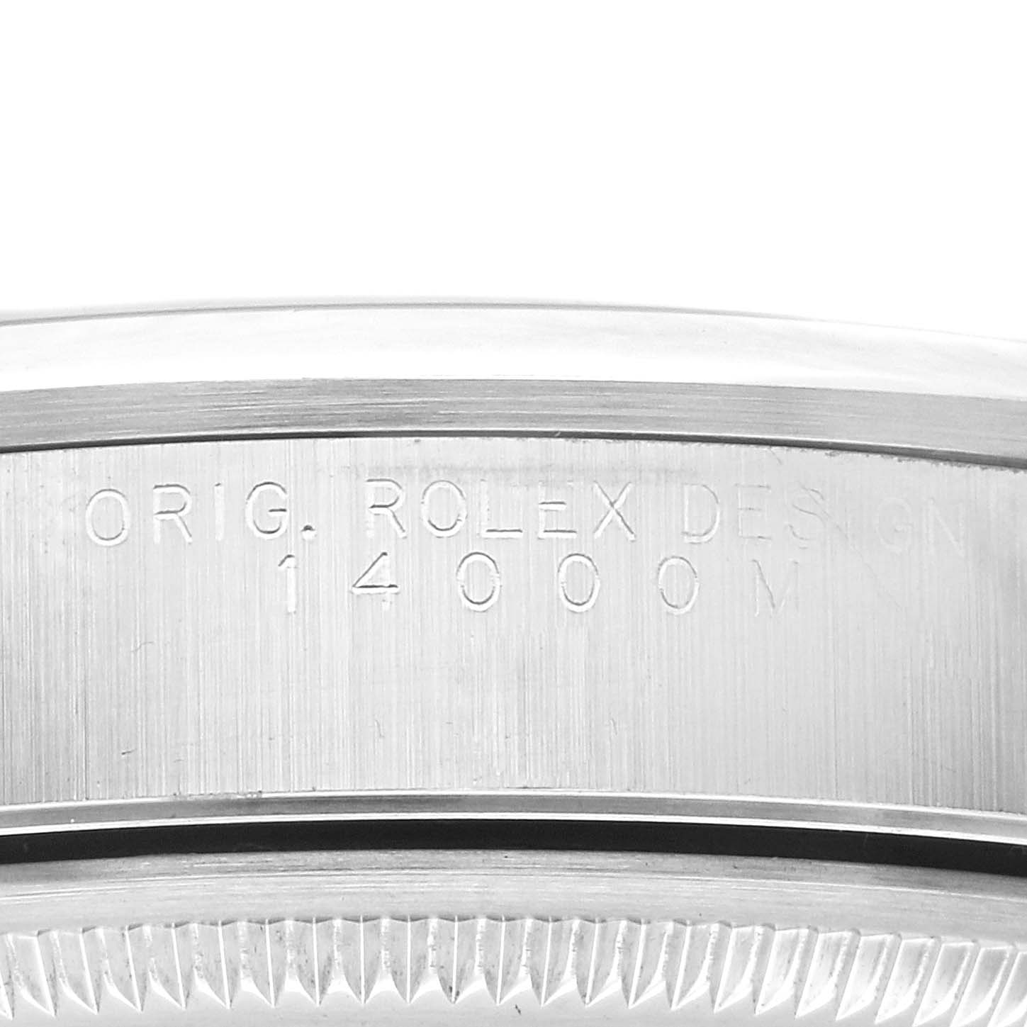 This image shows a close-up of the side of the Rolex Air-King 14000M Men's Stainless Steel Black Dial 14000M Men's Stainless Steel Black Dial watch case, featuring engraved text with the model number 14000M.