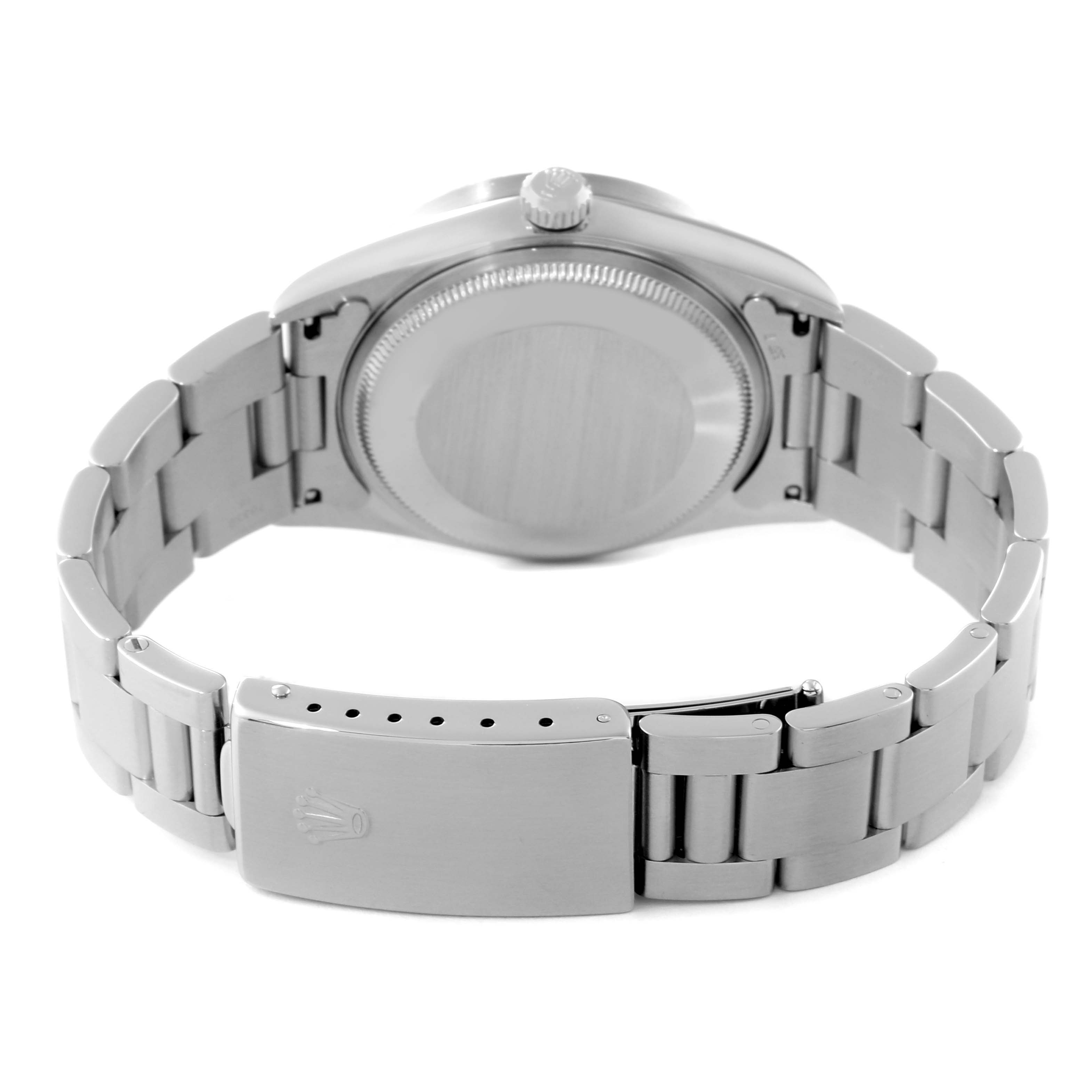 The image shows the back case and bracelet of a Rolex Air-King 14010 Men's Stainless Steel Black Dial 14010 Men's Stainless Steel Black Dial watch, highlighting the clasp, links, and crown.