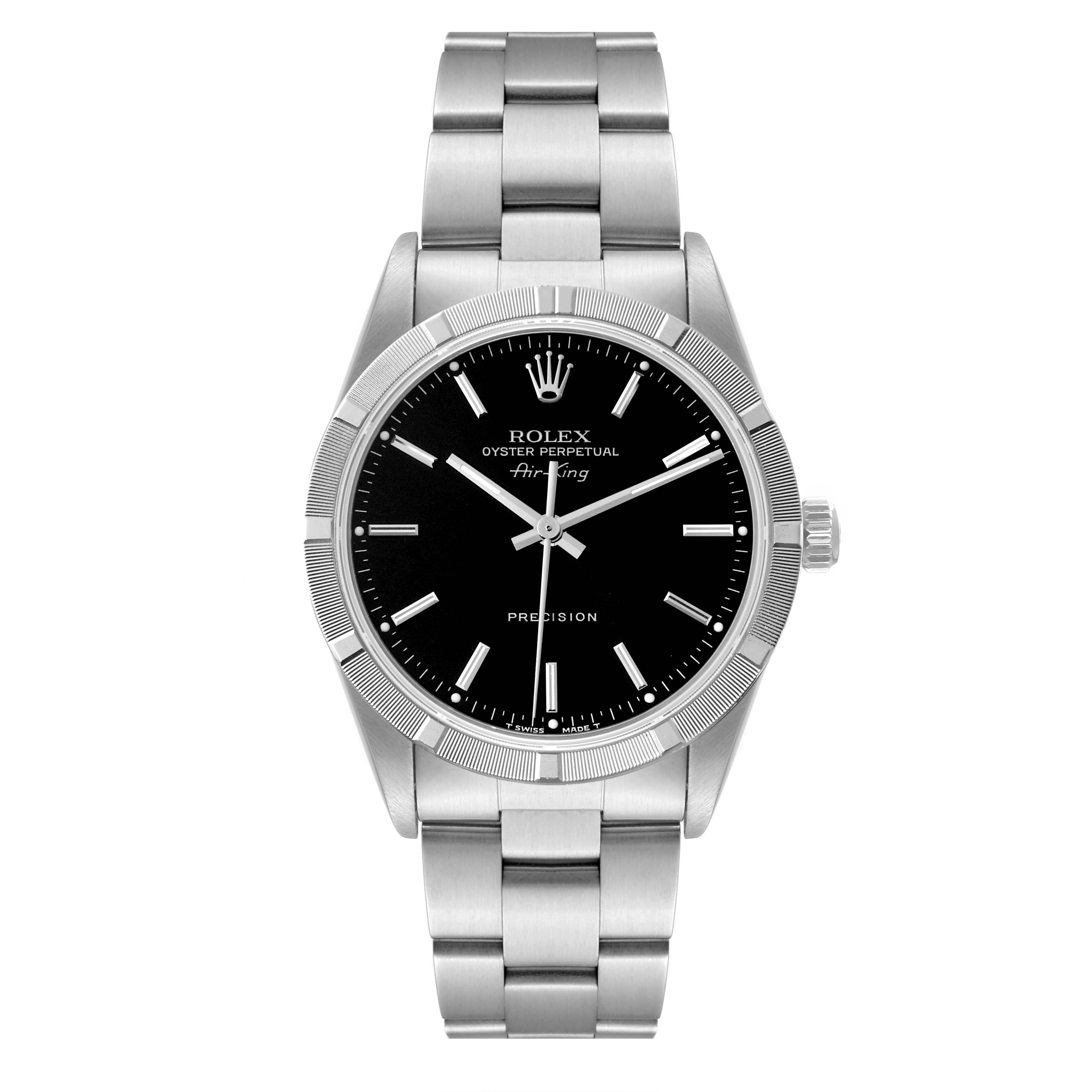 The Rolex Air-King 14010 Men's Stainless Steel Black Dial 14010 Men's Stainless Steel Black Dial watch is shown in a front-facing angle, displaying its black dial, stainless steel case, and bracelet.