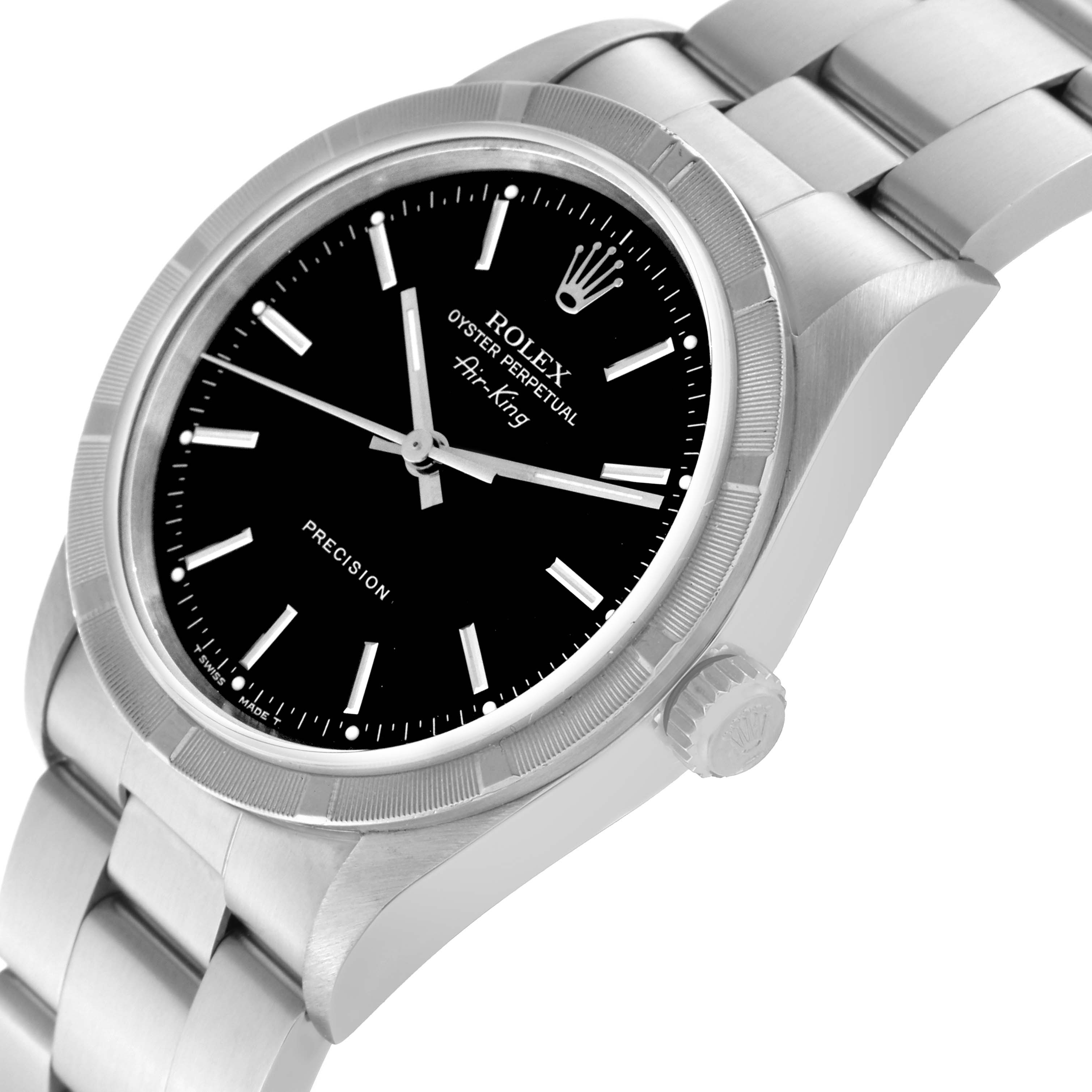 The image shows a tilted view of the Rolex Air-King 14010 Men's Stainless Steel Black Dial 14010 Men's Stainless Steel Black Dial watch, emphasizing the black dial, stainless steel case, and bracelet.